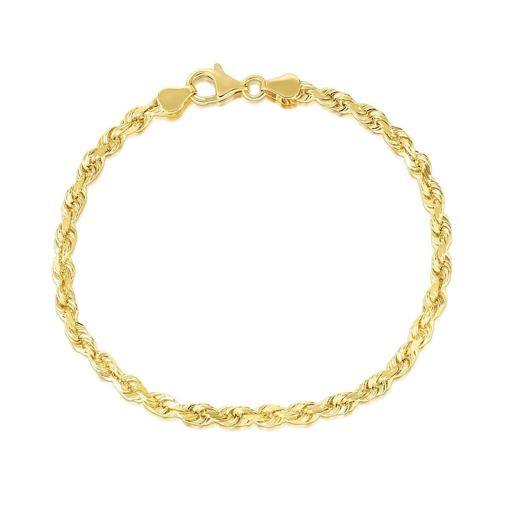 "Solid 10k yellow gold diamond cut rope bracelet, 5.0mm wide, offering a bold and brilliant shine."