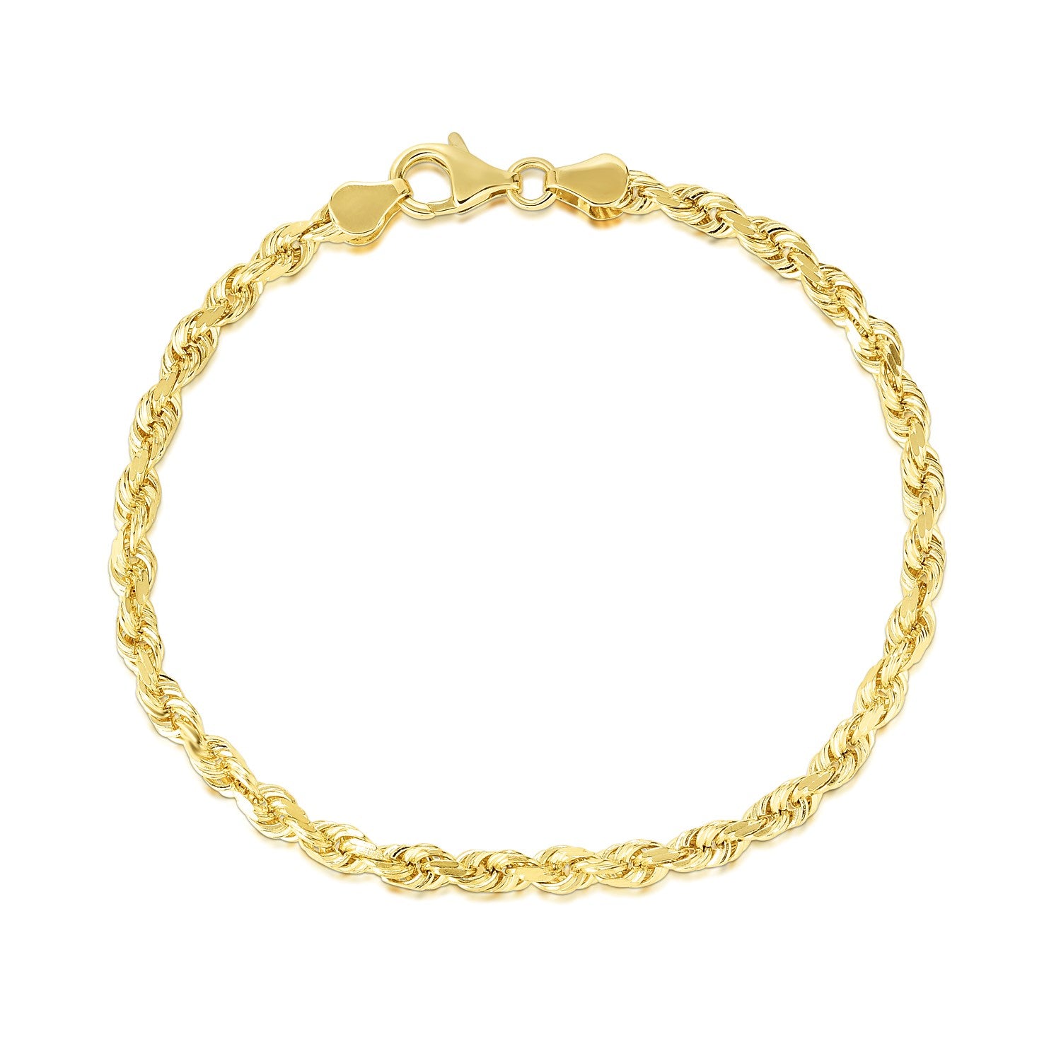 "Solid 10k yellow gold diamond cut rope bracelet, 5.0mm wide, offering a bold and brilliant shine."
