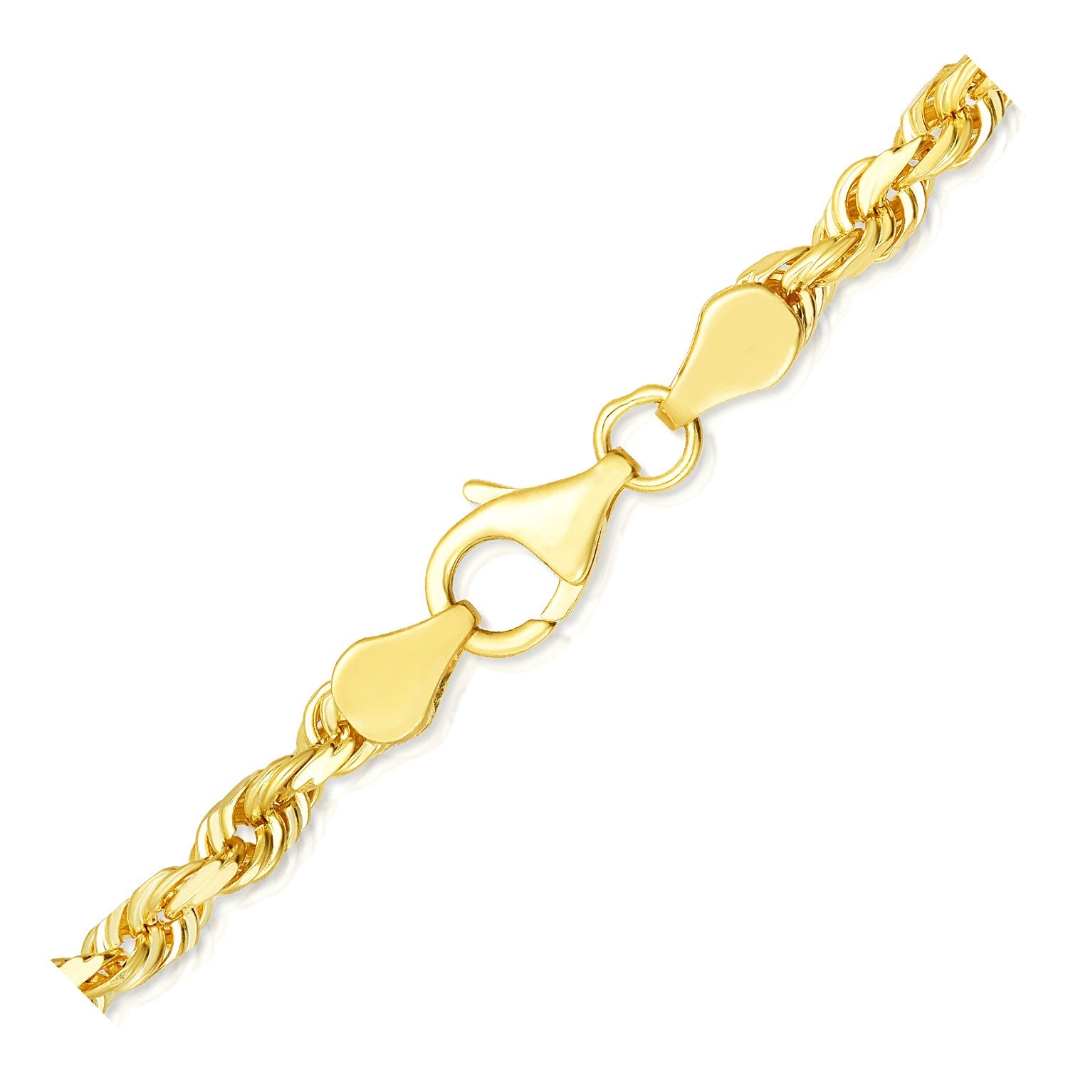 "Solid 10k yellow gold diamond cut rope bracelet, 5.0mm wide, offering a bold and brilliant shine."