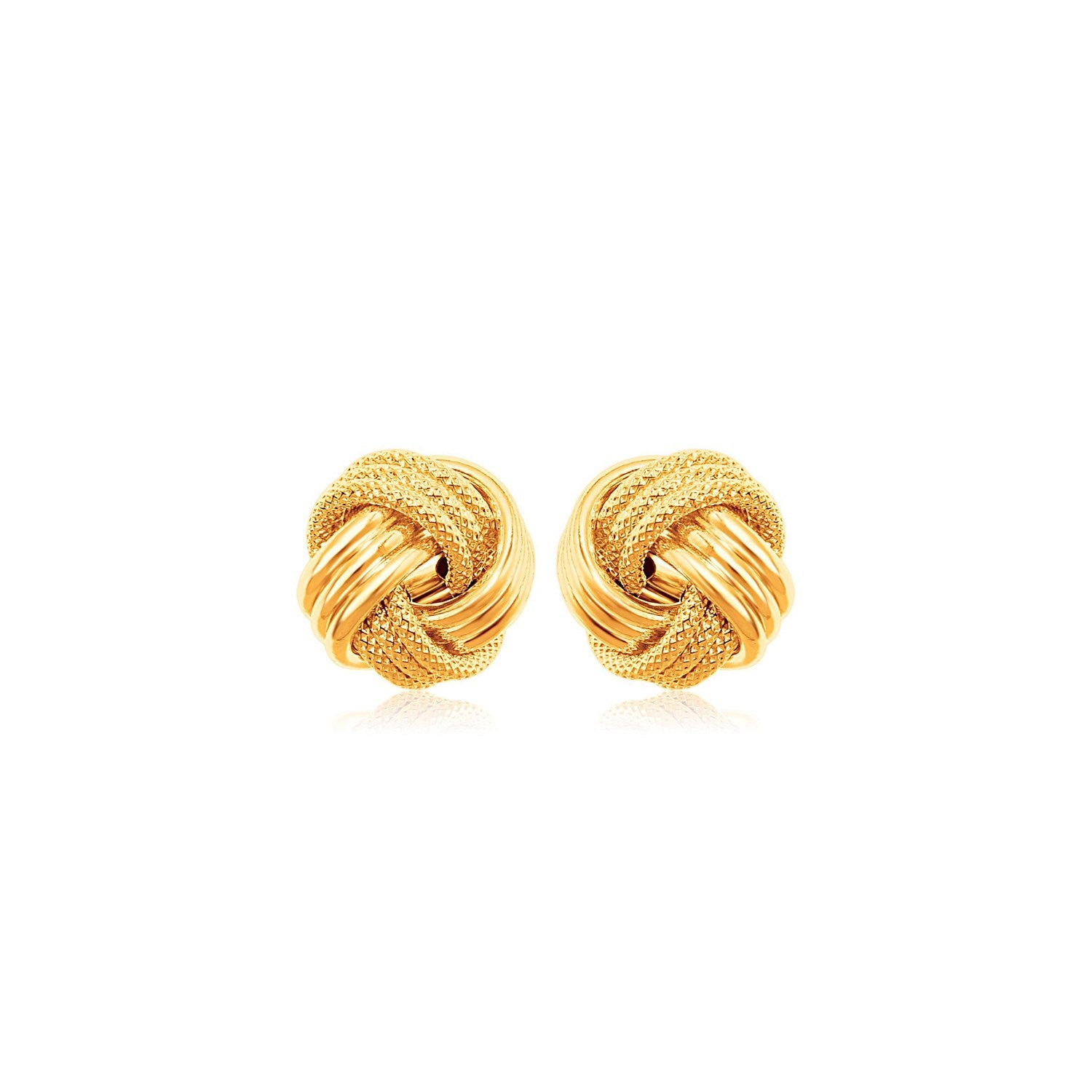 "Radiant 10k yellow gold love knot earrings featuring a high polish ridge motif and ornate textured design."