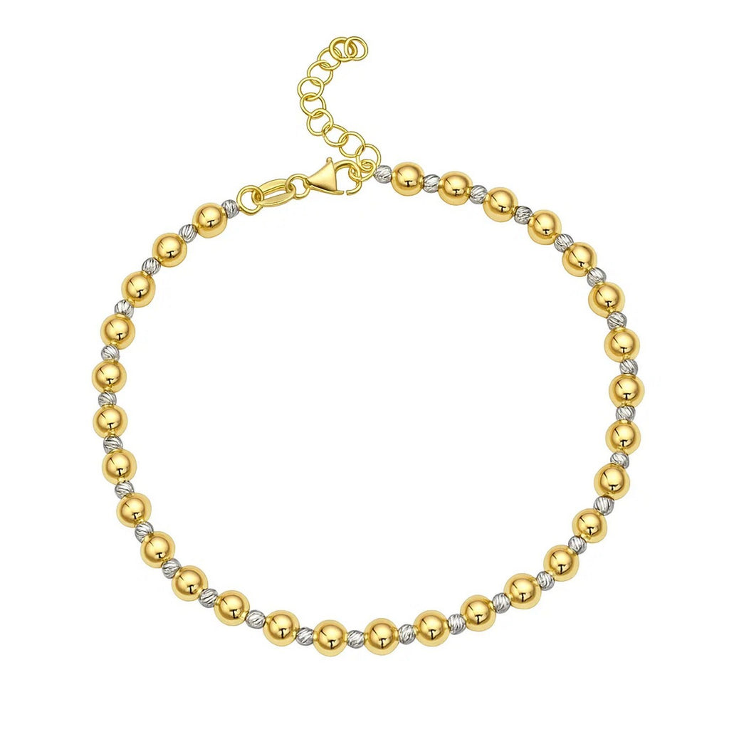 "Elegant 14k two-tone gold chain bracelet with a small diamond-cut bead, 8 inches long and 4mm wide, secured with a pear-shaped lobster clasp."