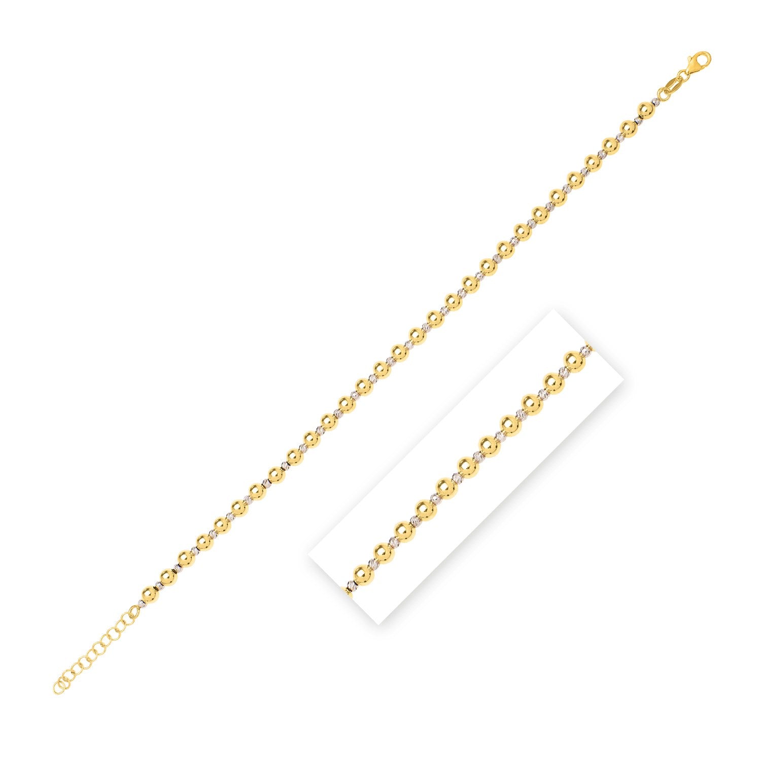 "Elegant 14k two-tone gold chain bracelet with a small diamond-cut bead, 8 inches long and 4mm wide, secured with a pear-shaped lobster clasp."