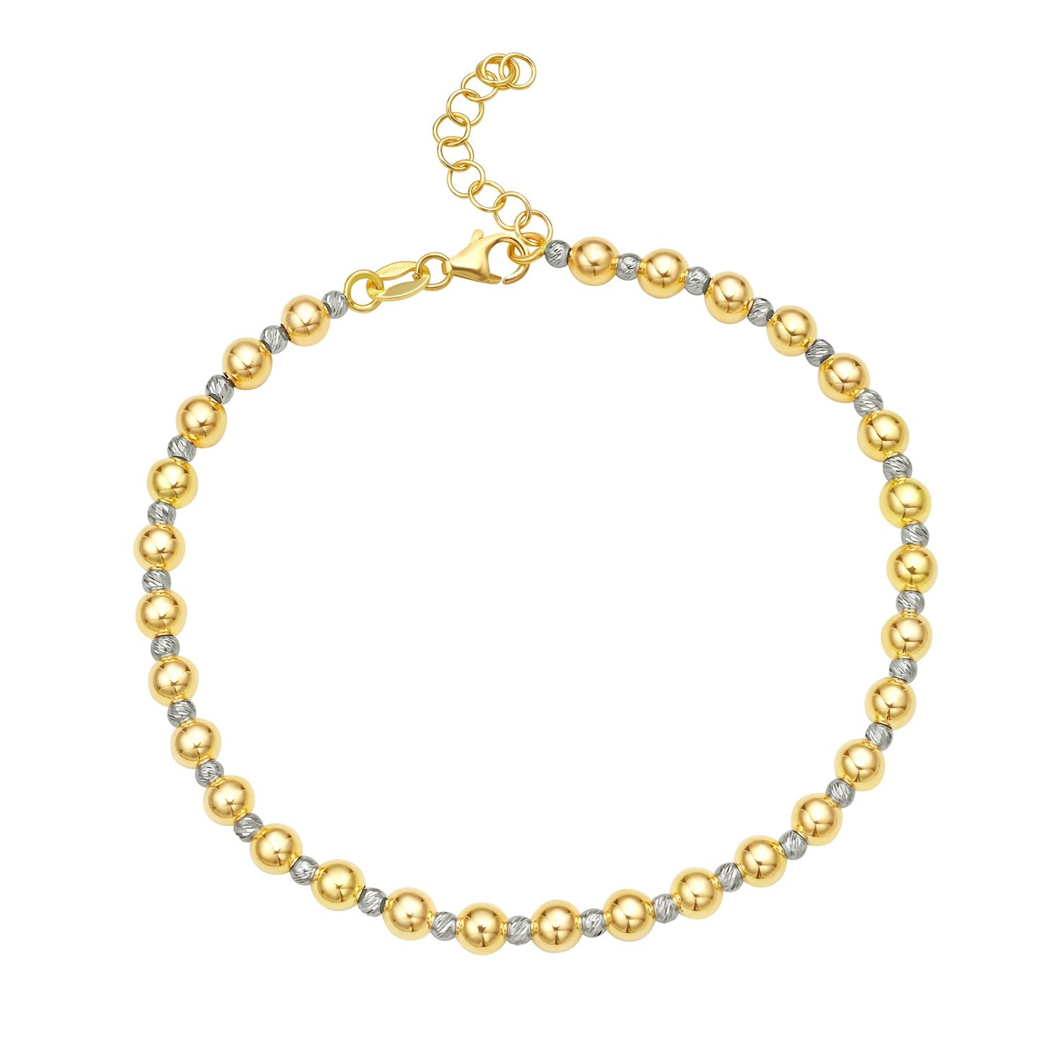 "Elegant 14k two-tone gold chain bracelet with a small diamond-cut bead, 8 inches long and 4mm wide, secured with a pear-shaped lobster clasp."