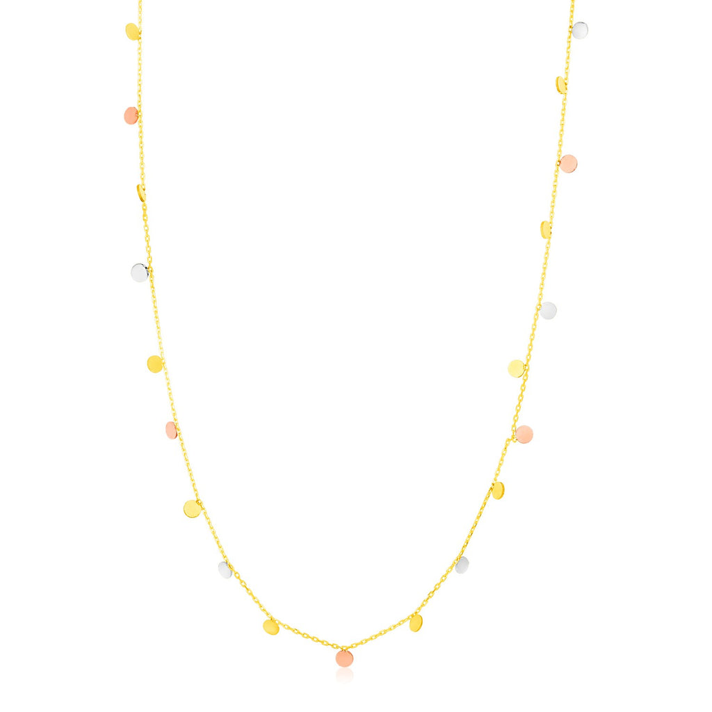 "Elegant 18-inch necklace with twinkling circles in 14K yellow, white, and rose gold, featuring a simple chain and spring ring clasp."