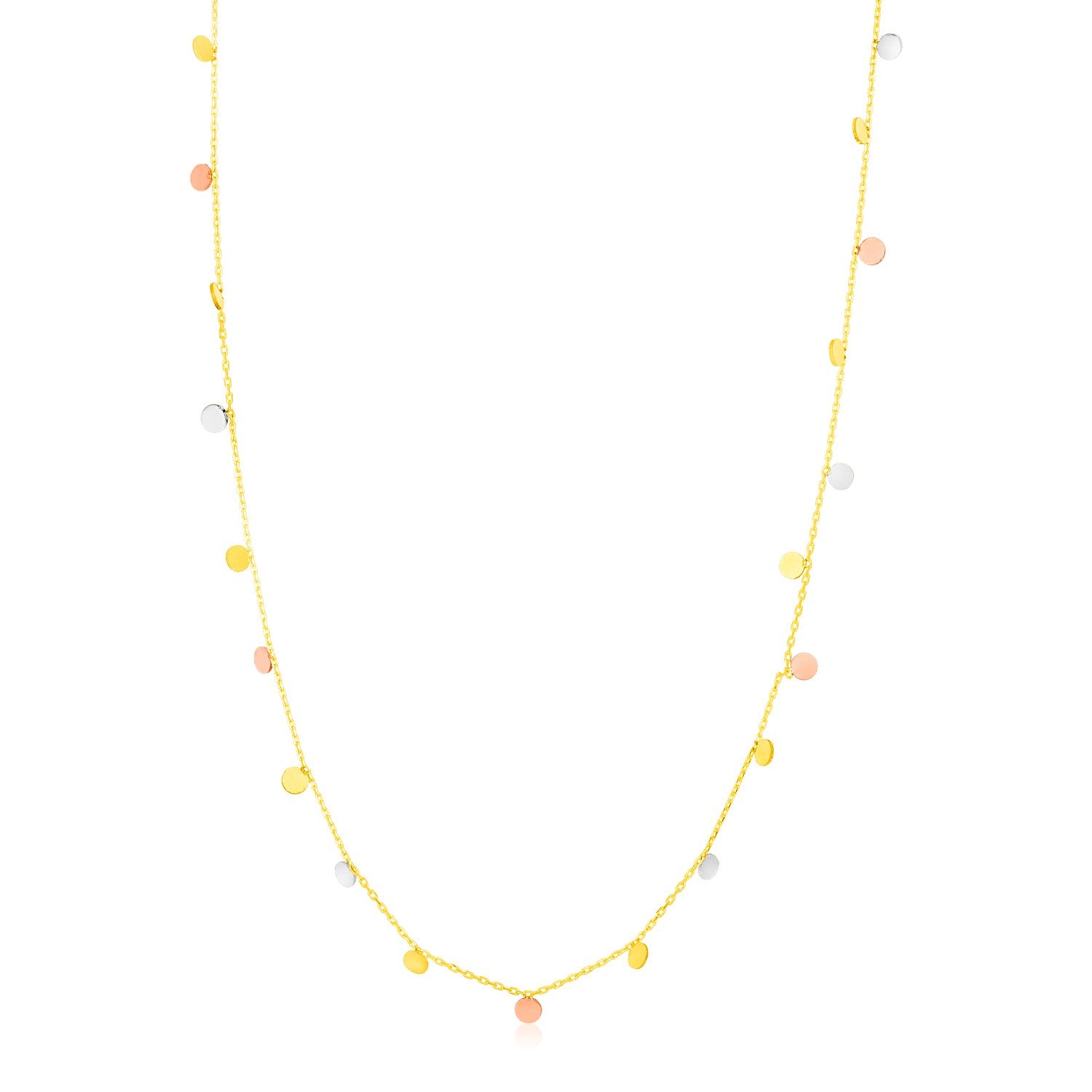 "Elegant 18-inch necklace with twinkling circles in 14K yellow, white, and rose gold, featuring a simple chain and spring ring clasp."