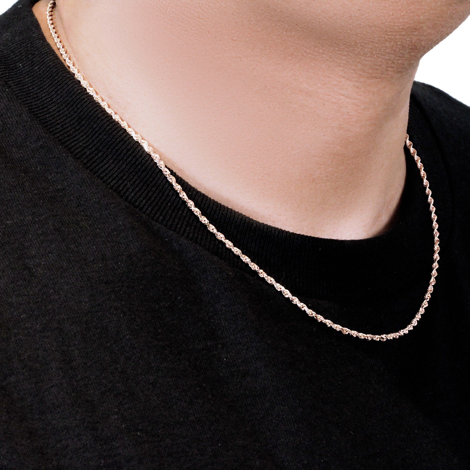 "14k rose gold solid diamond-cut rope chain, 2.30mm wide."