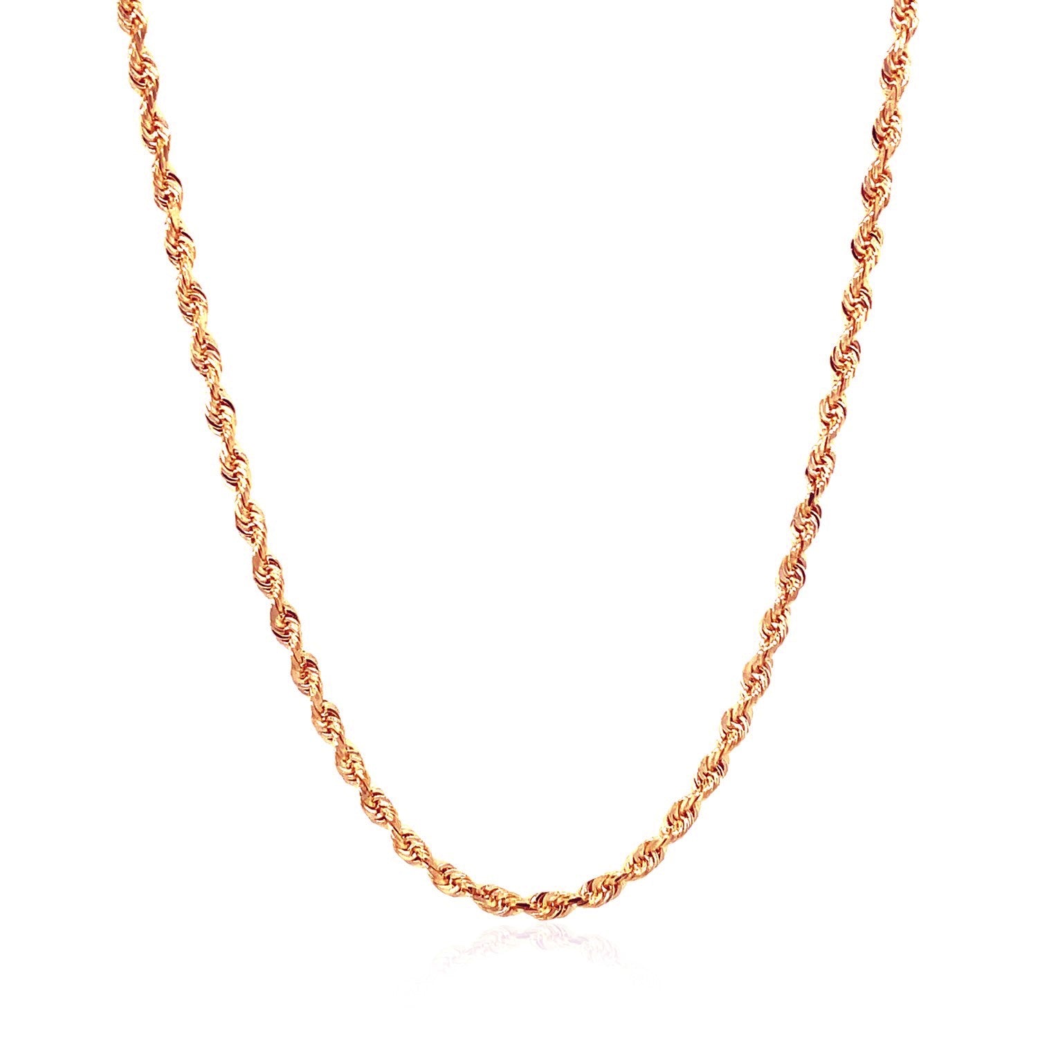"14k rose gold solid diamond-cut rope chain, 2.30mm wide."