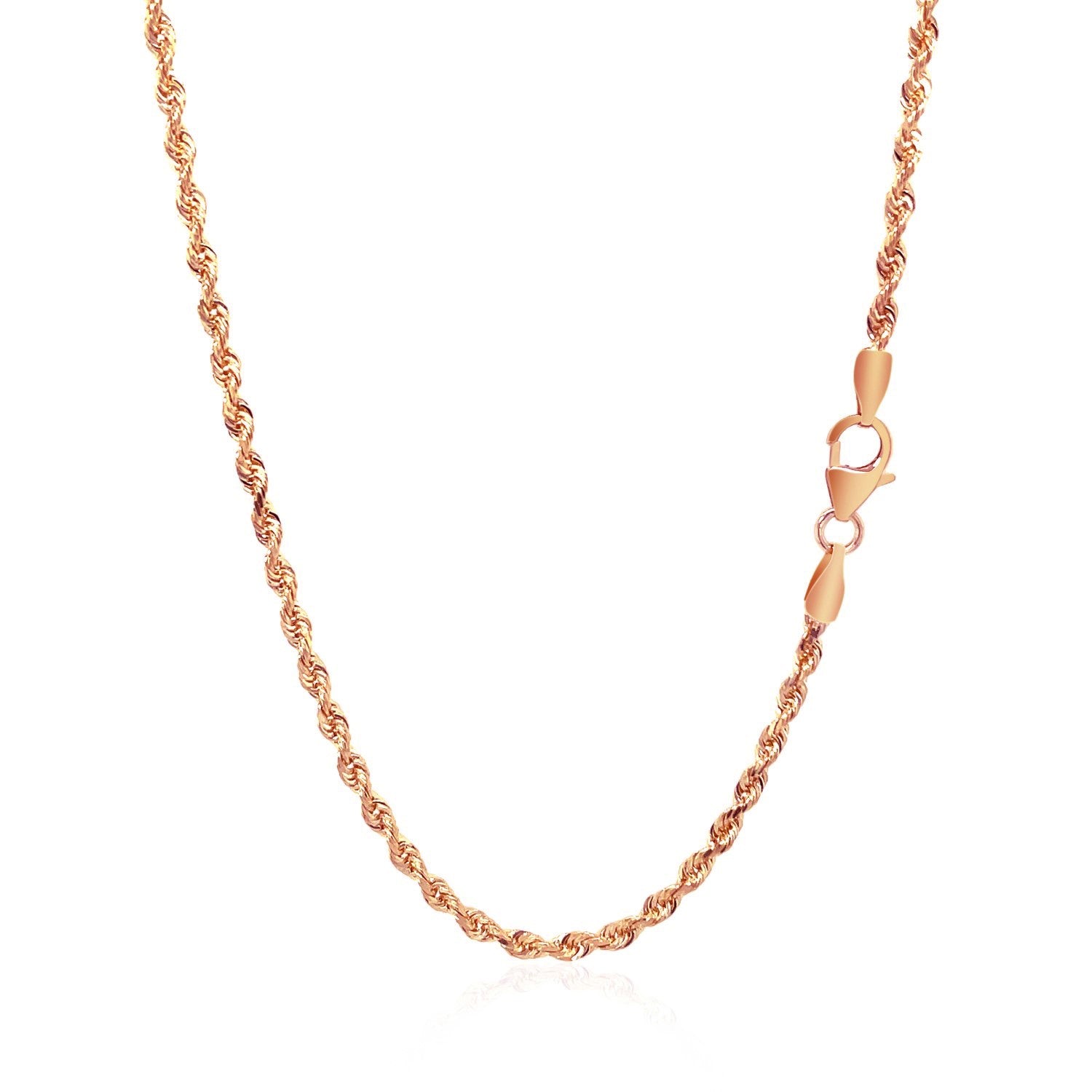 "14k rose gold solid diamond-cut rope chain, 2.30mm wide."