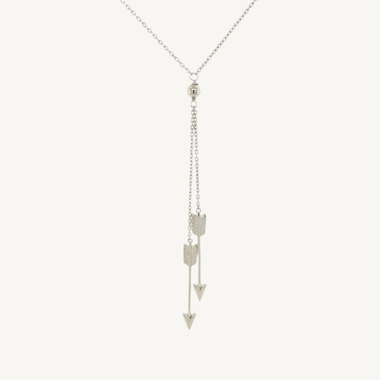 "Sterling silver necklace with polished arrow pendant, 18 inches long, secured with a lobster clasp"