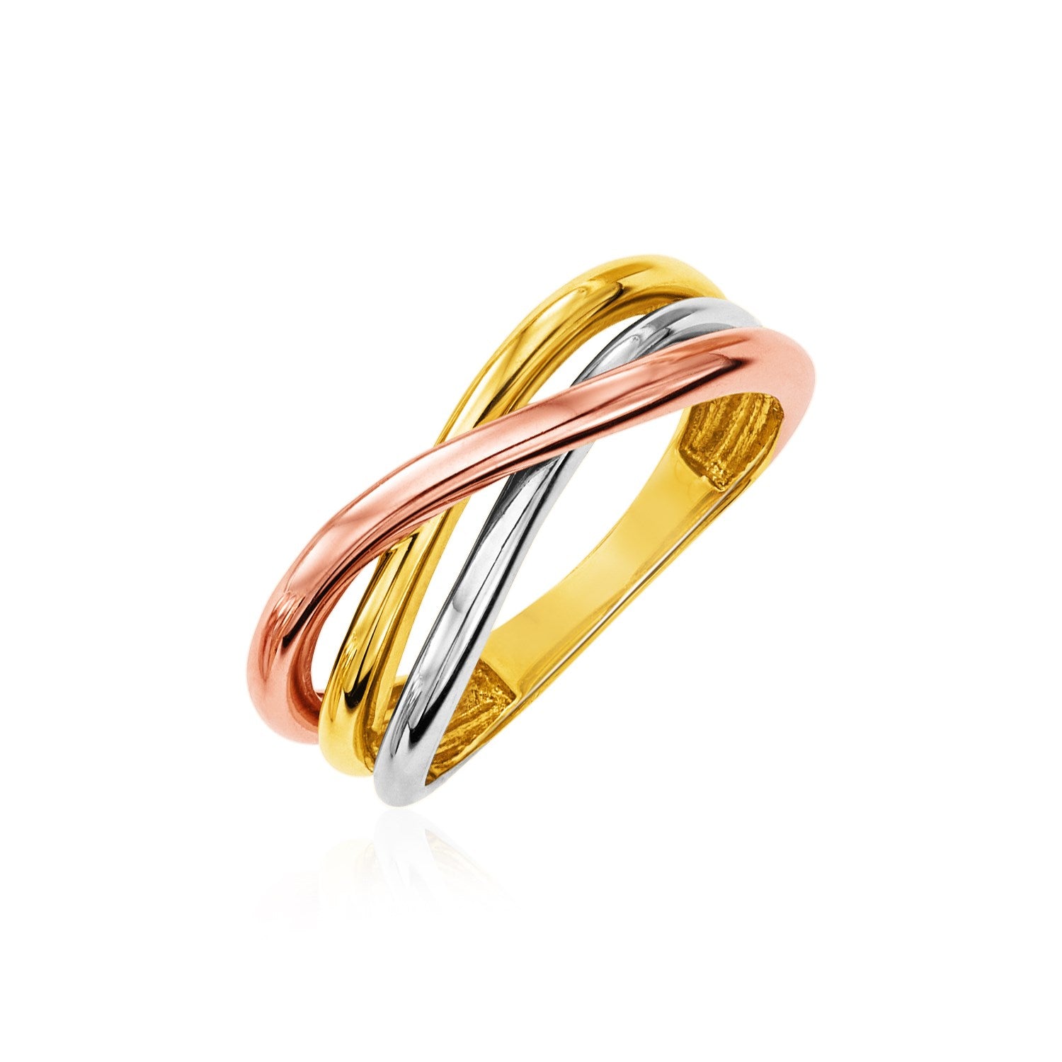 "Elegant tri-color ring crafted in 14k yellow, white, and rose gold, available in sizes 6 to 8."