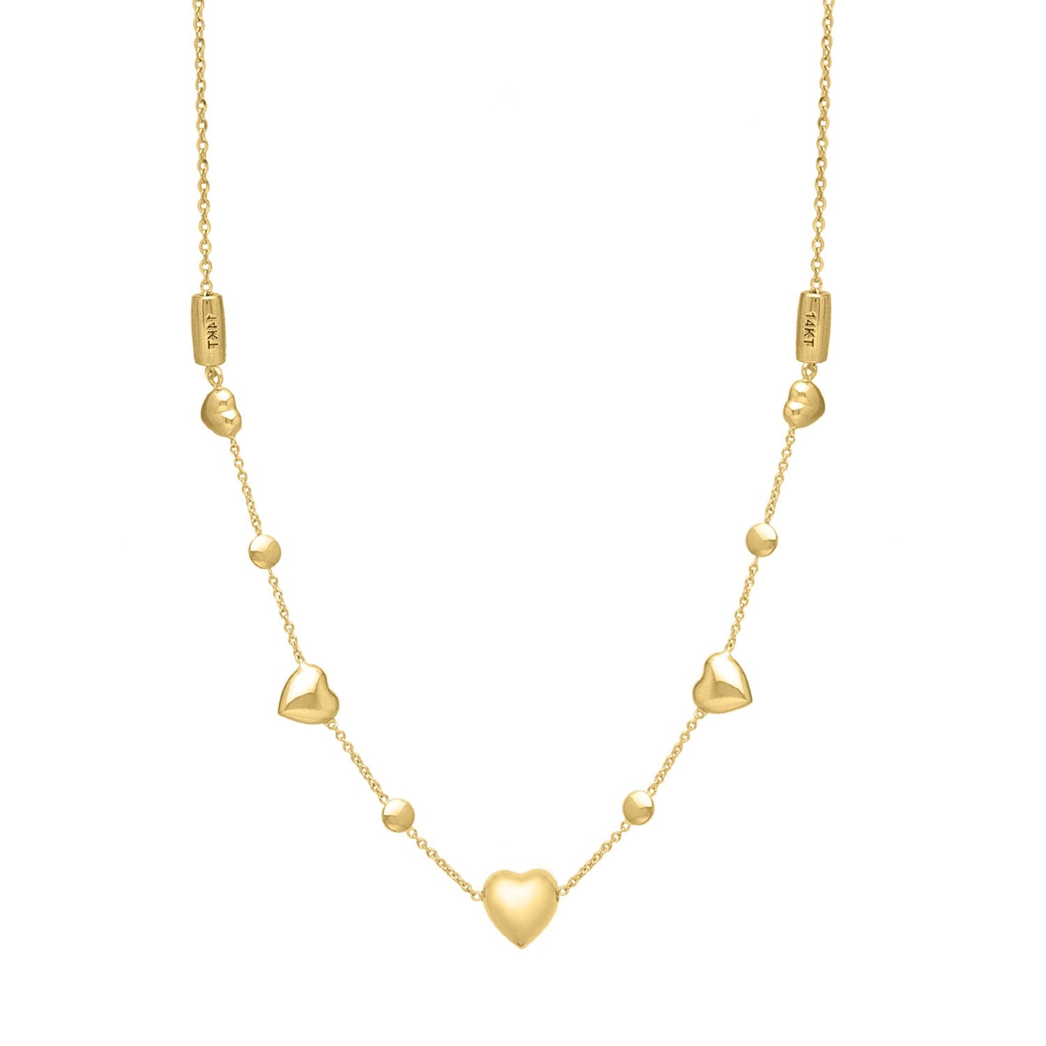 "Elegant 14k yellow gold puff heart necklace featuring two hearts on an adjustable chain, 16 to 24 inches long, secured with a lobster clasp."