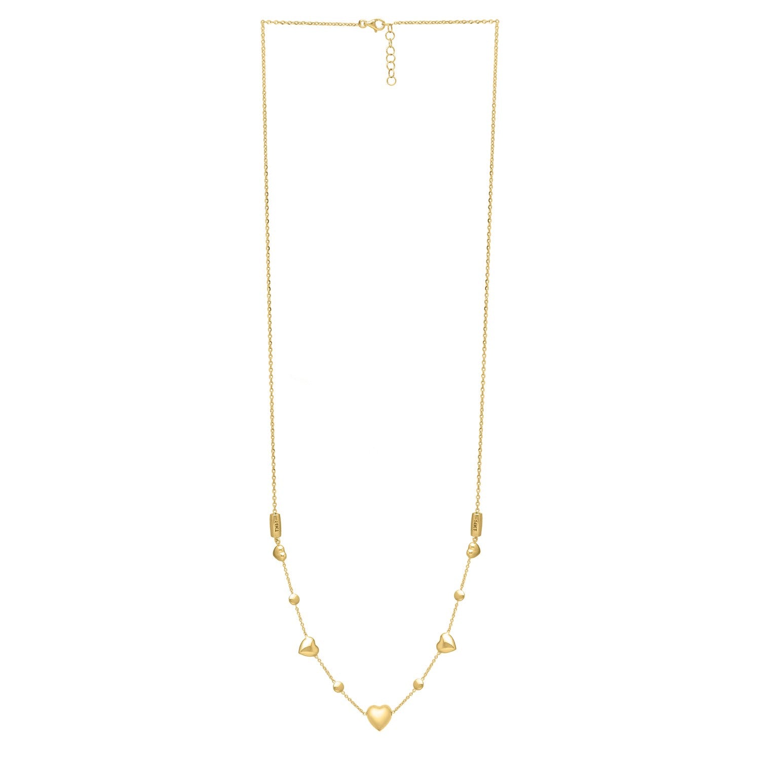"Elegant 14k yellow gold puff heart necklace featuring two hearts on an adjustable chain, 16 to 24 inches long, secured with a lobster clasp."