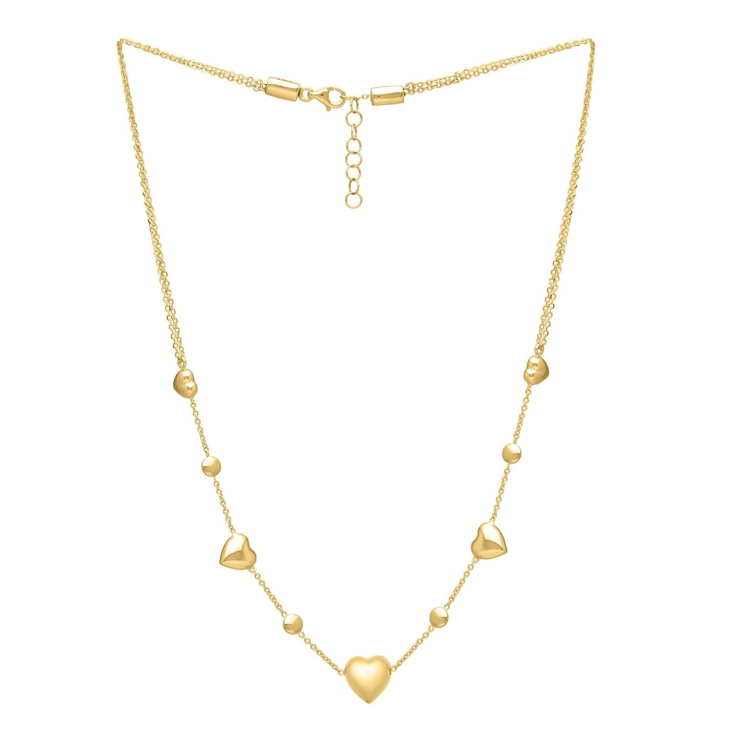 "Elegant 14k yellow gold puff heart necklace featuring two hearts on an adjustable chain, 16 to 24 inches long, secured with a lobster clasp."