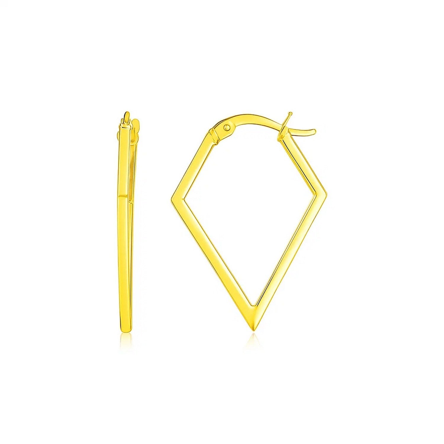 "Elegant 14K yellow gold hoop earrings with diamond-like geometric design, measuring 28.3x20.2mm"