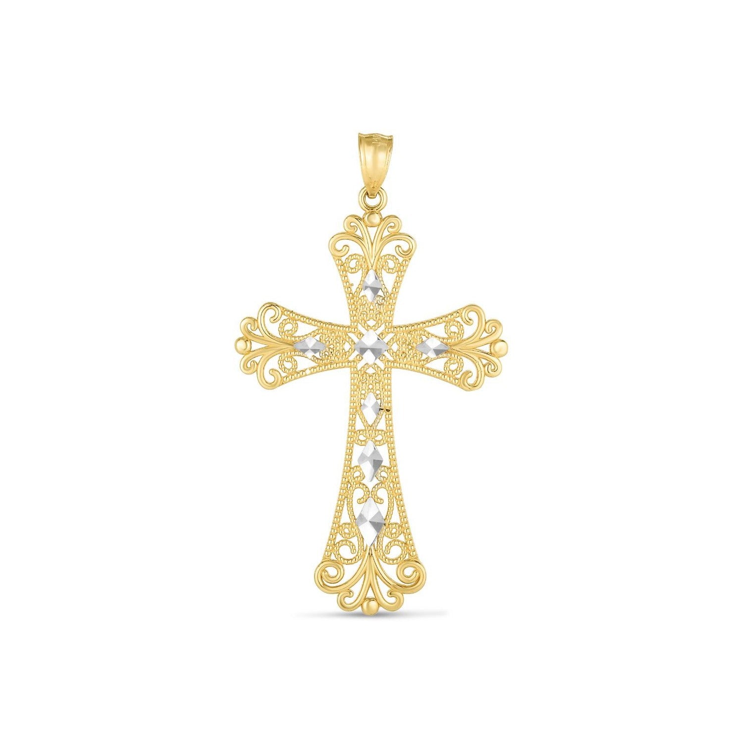 "14k yellow and white gold two-tone diamond cut pendant with high polish finish and sleek bail."