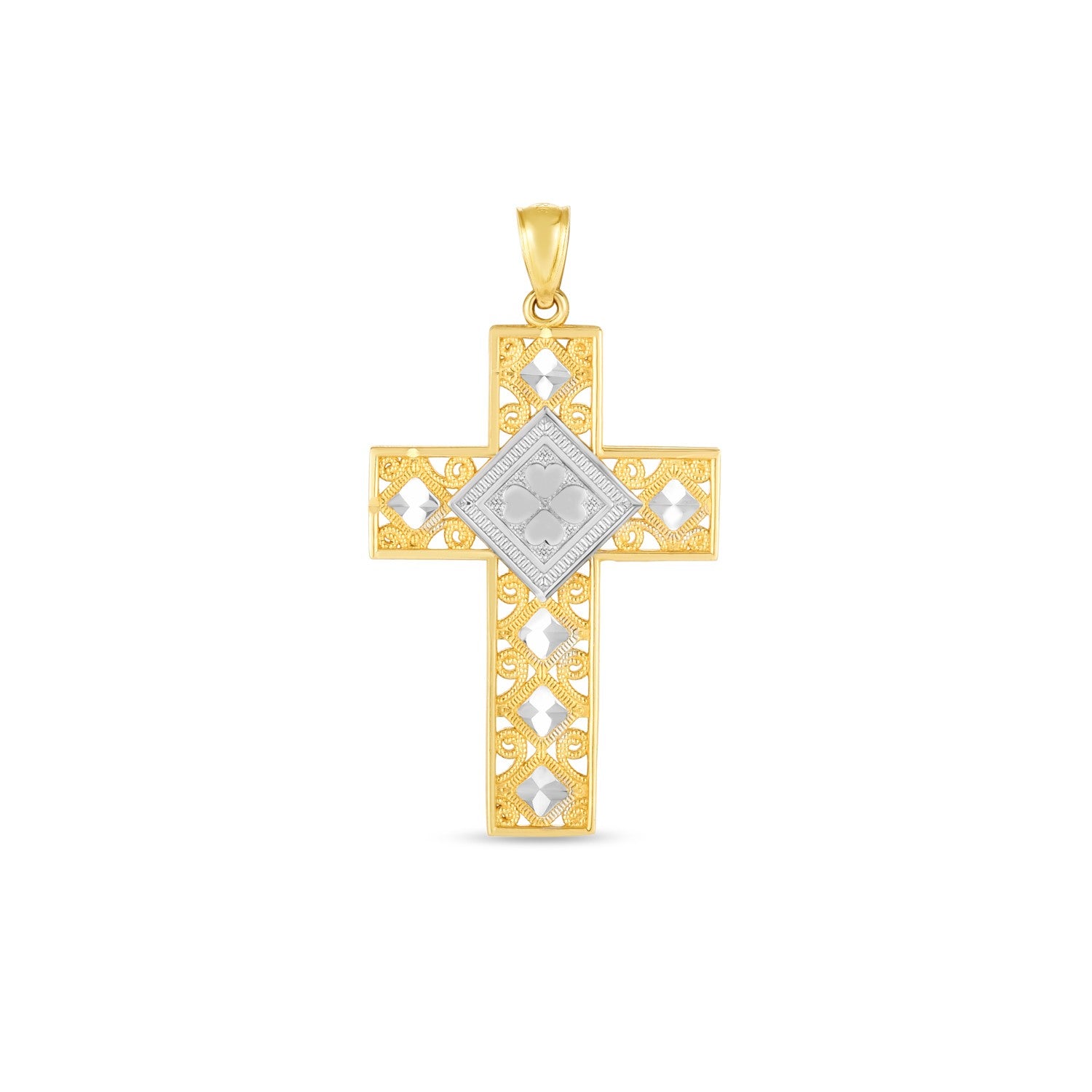 "Two-tone diamond cut pendant in 14k yellow and white gold with a high polish finish and sleek bail, perfect for pairing with any chain."