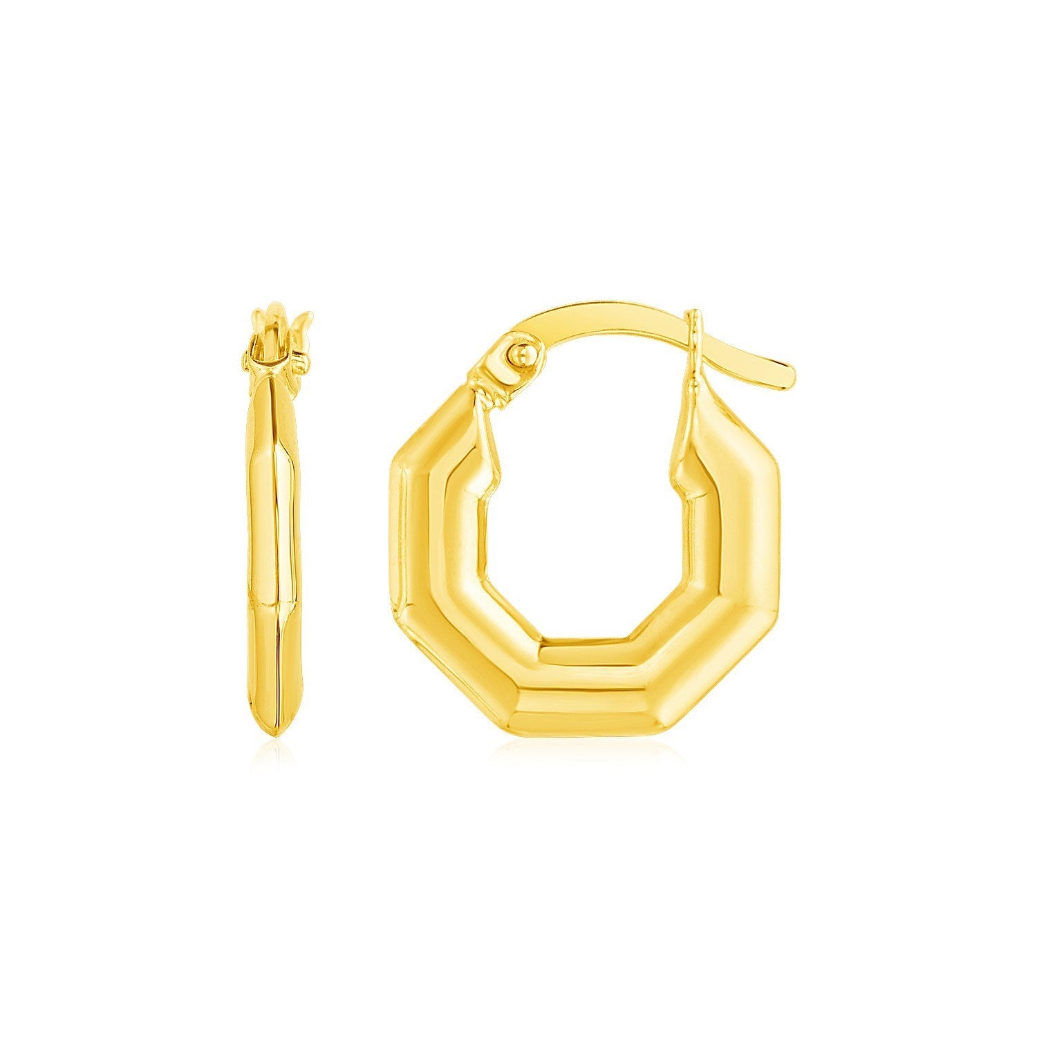 "14k yellow gold hoop earrings featuring beveled octagon design with a reflective finish, secured with hinged clasps."
