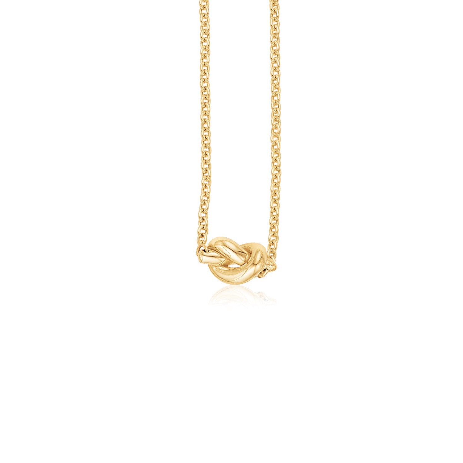 "14k yellow gold necklace featuring a polished knot pendant, 18 inches in length, secured with a lobster clasp."