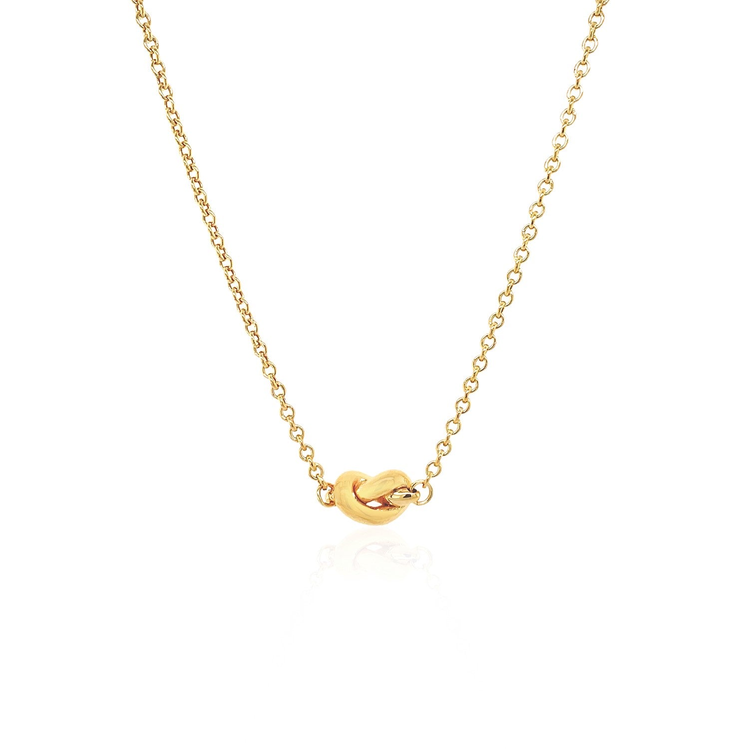 "14k yellow gold necklace featuring a polished knot pendant, 18 inches in length, secured with a lobster clasp."