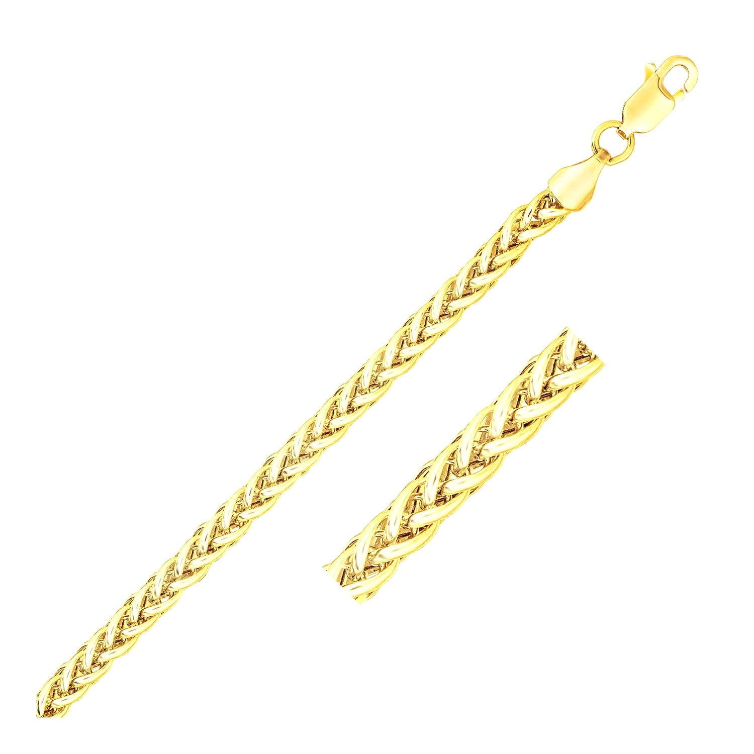 "14k yellow gold lightweight wheat chain bracelet, 3.3mm wide, secured with a lobster clasp."