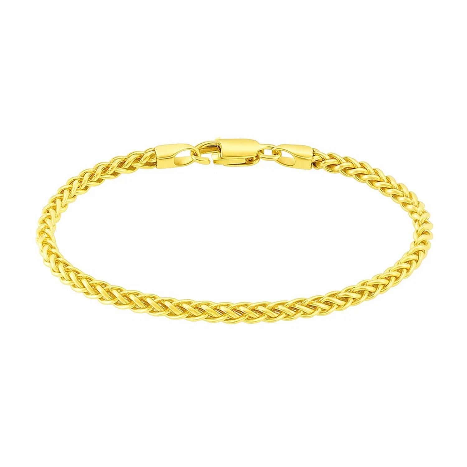 "14k yellow gold lightweight wheat chain bracelet, 3.3mm wide, secured with a lobster clasp."
