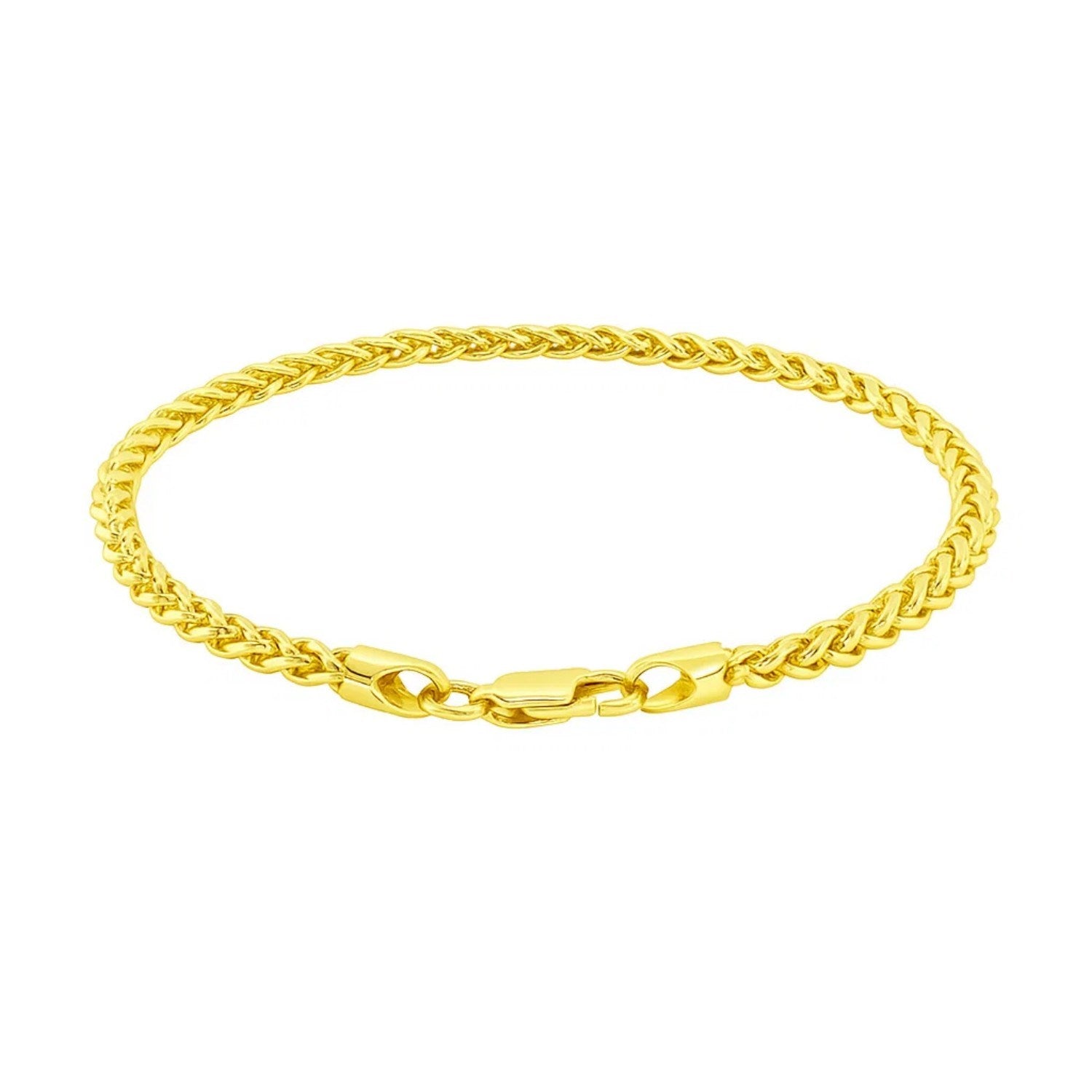 "14k yellow gold lightweight wheat chain bracelet, 3.3mm wide, secured with a lobster clasp."