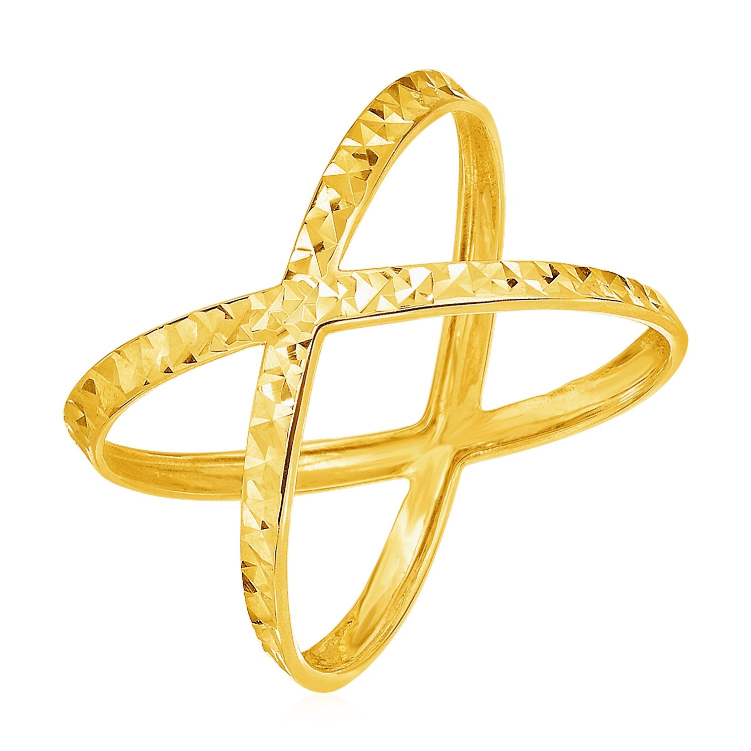 "14k yellow gold ring with 'X' profile design combining traditional texture and modern form, available in sizes 7 and 8."