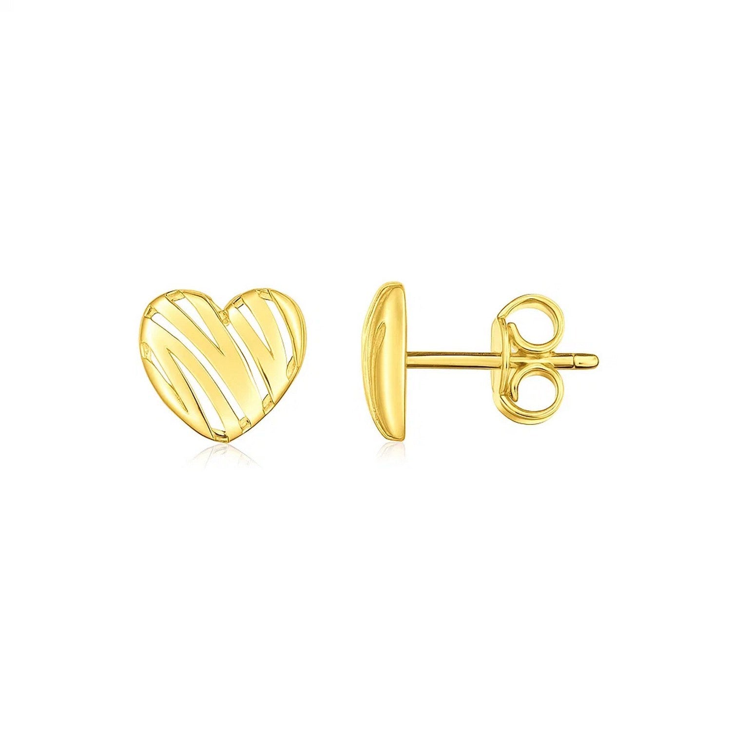 "14k yellow gold Scribble Heart Stud earrings with minimalist design, high polish finish, and push back clasp."
