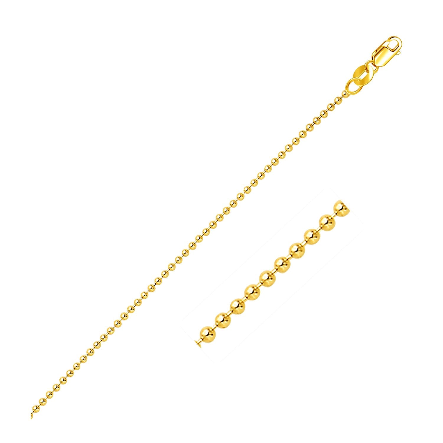 "14k yellow gold non-diamond cut bead chain, 1.5mm in width."