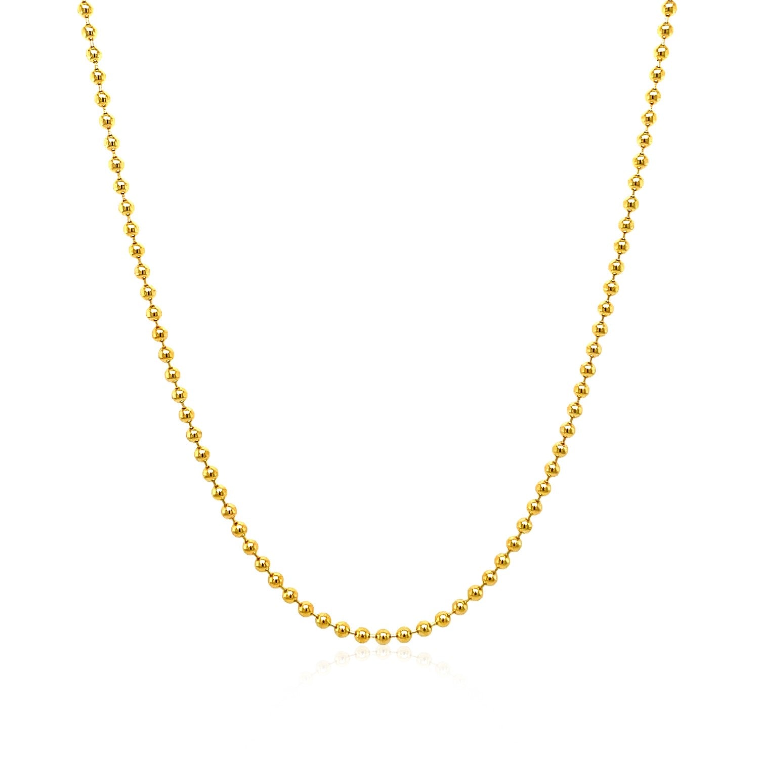 "14k yellow gold non-diamond cut bead chain, 1.5mm in width."