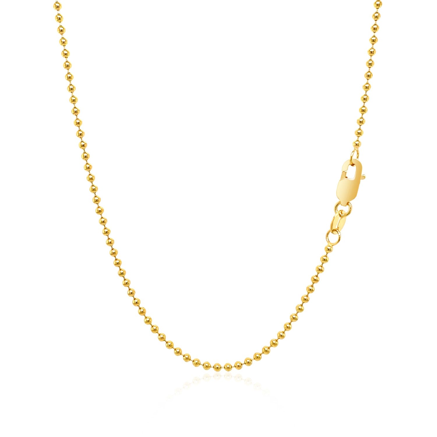 "14k yellow gold non-diamond cut bead chain, 1.5mm in width."