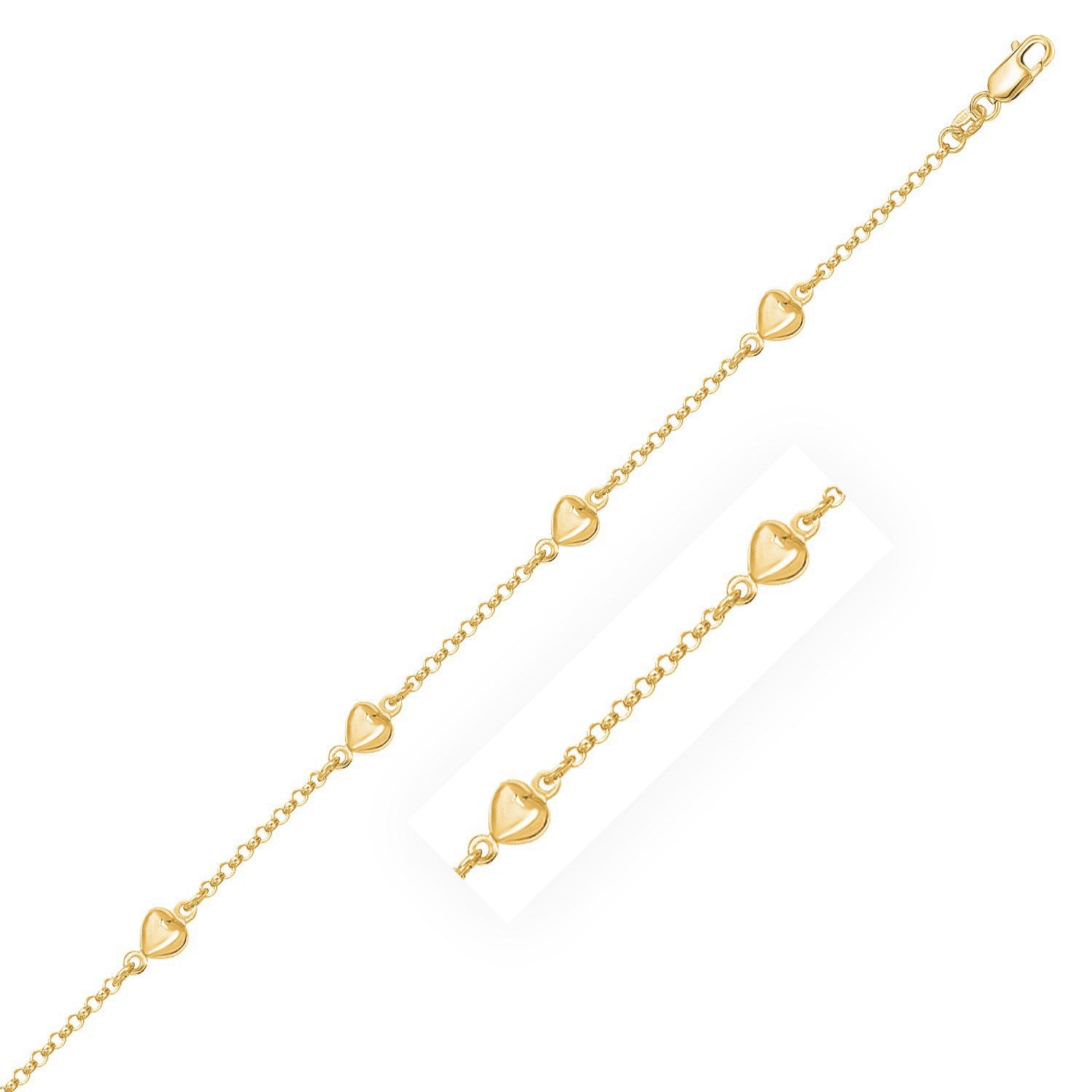 "14k yellow gold rolo chain bracelet with polished puffed heart stations, available in 6 or 7 inches, secured with a lobster clasp."