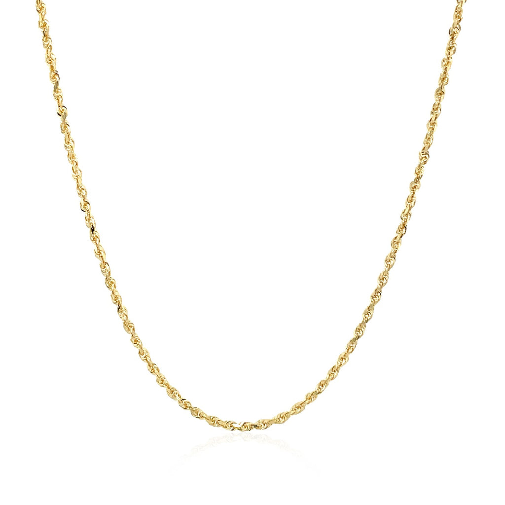 "14k yellow gold solid rope chain with diamond cut finish, 1.4mm in width."