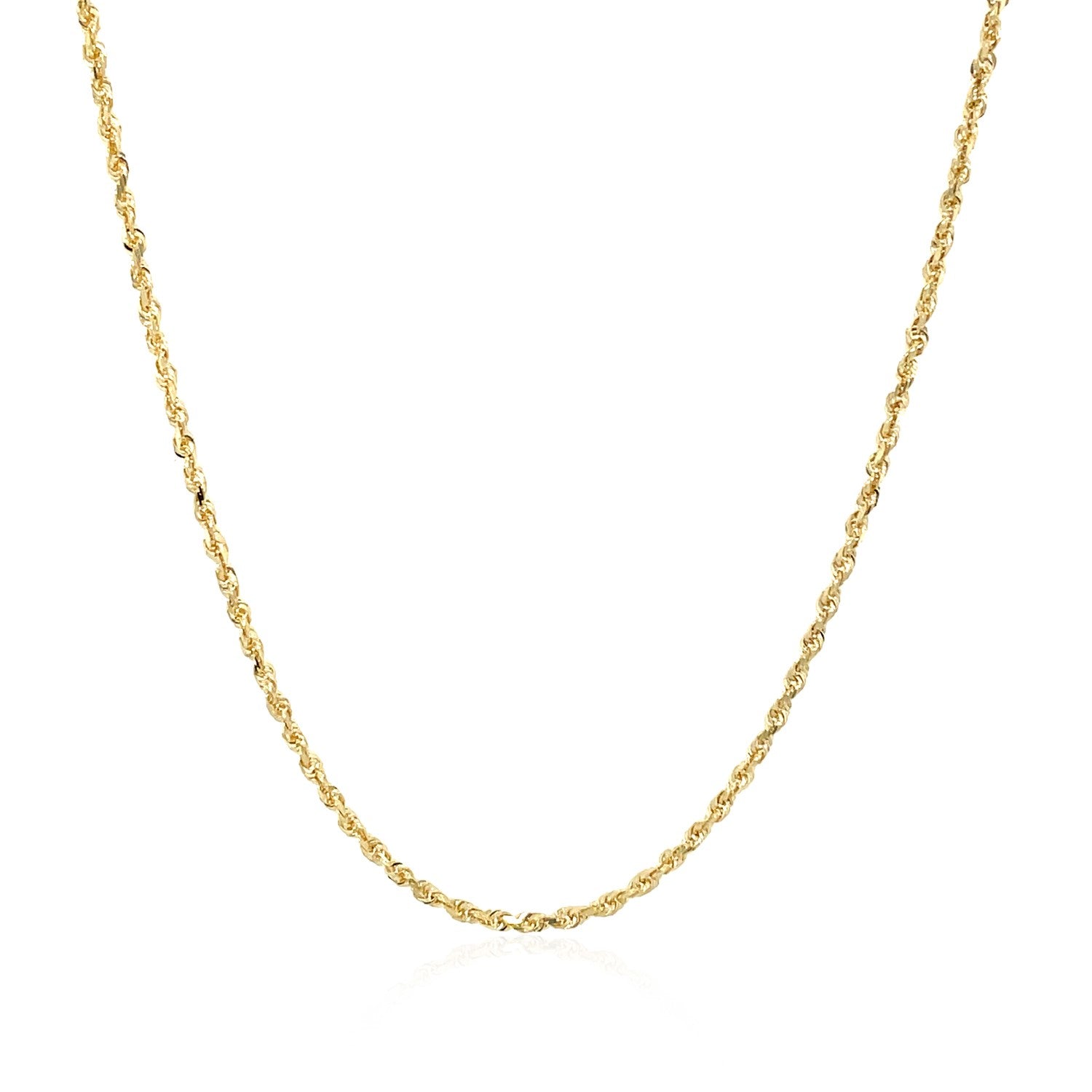 "14k yellow gold solid rope chain with diamond cut finish, 1.4mm in width."