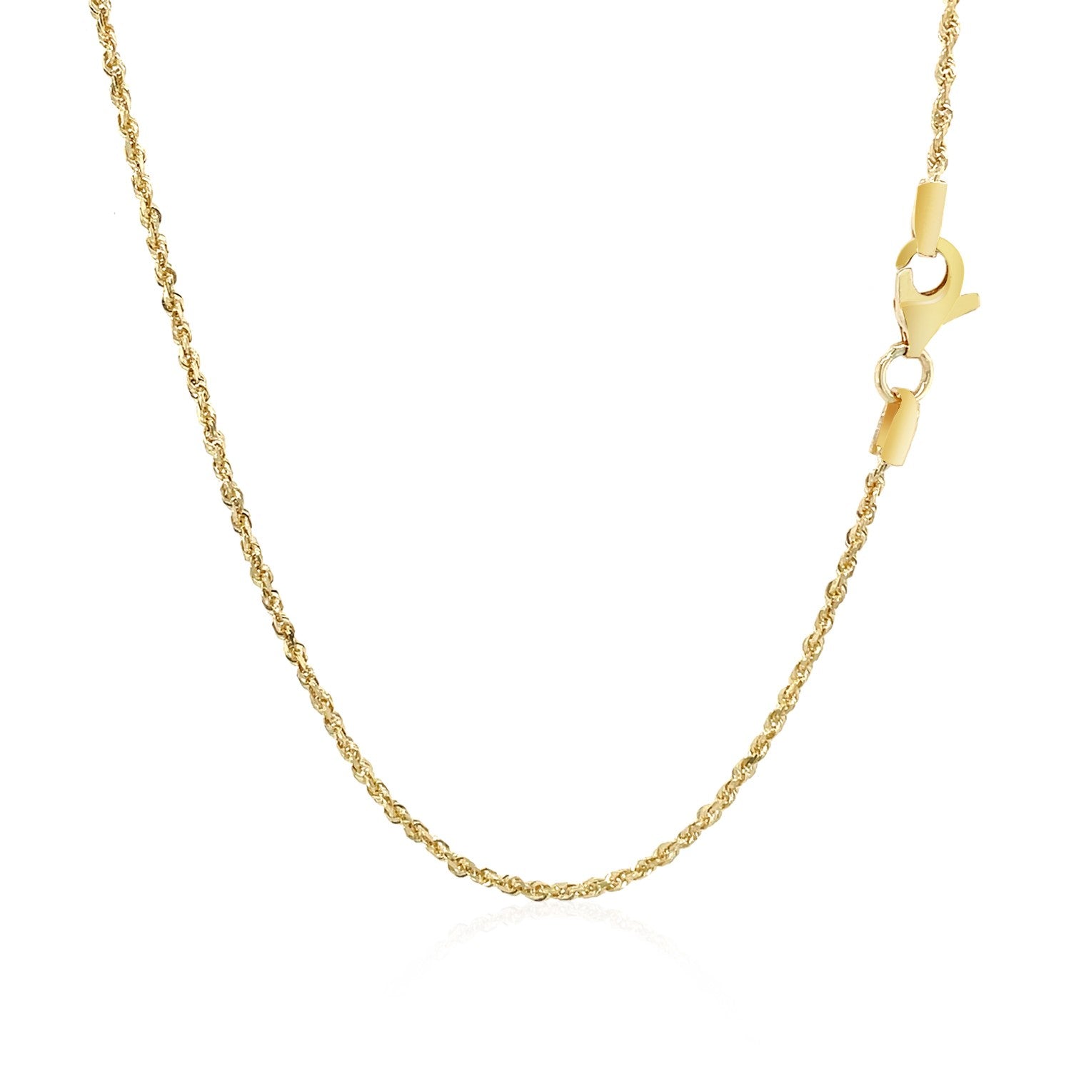 "14k yellow gold solid rope chain with diamond cut finish, 1.4mm in width."