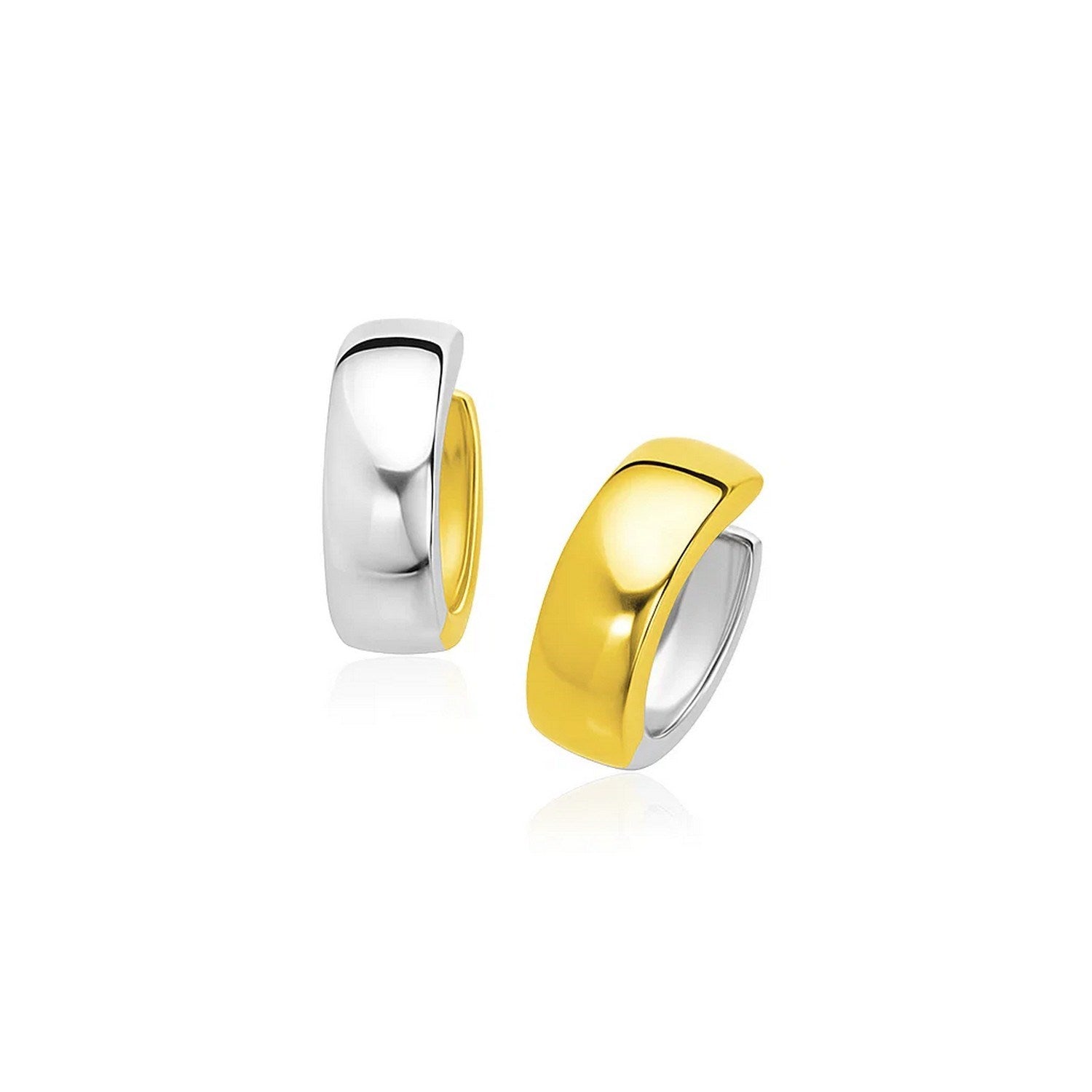 "14k yellow and white tone gold snuggable hoop earrings with hinged snap back closure, showcasing a two-tone design."