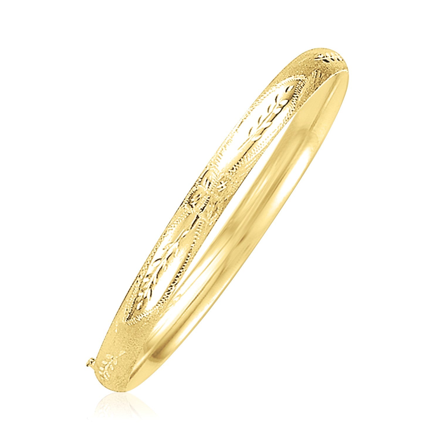 "14k yellow gold 5mm Florentine bangle with intricate diamond cut design, available in 7 and 8 inch sizes."