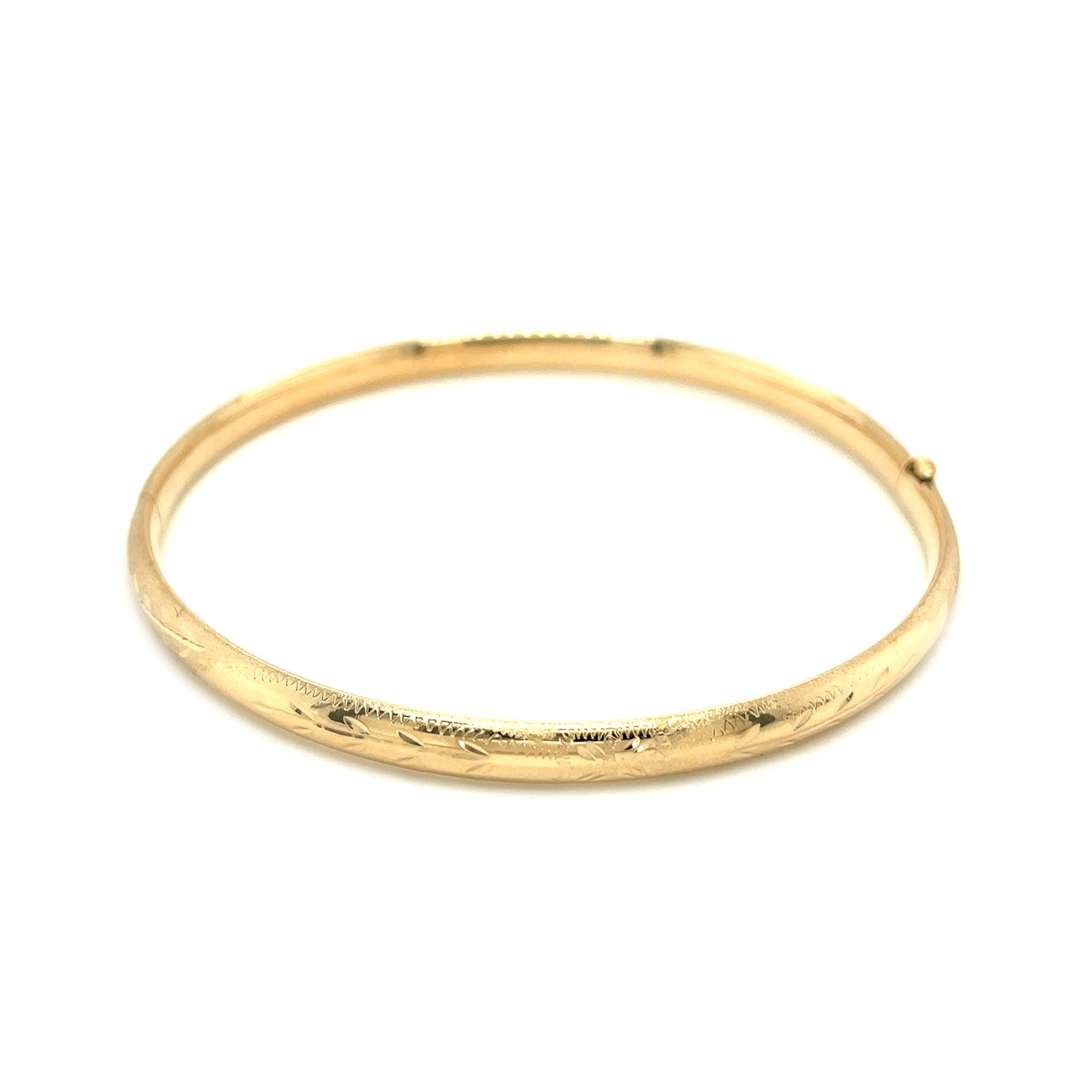 "14k yellow gold 5mm Florentine bangle with intricate diamond cut design, available in 7 and 8 inch sizes."