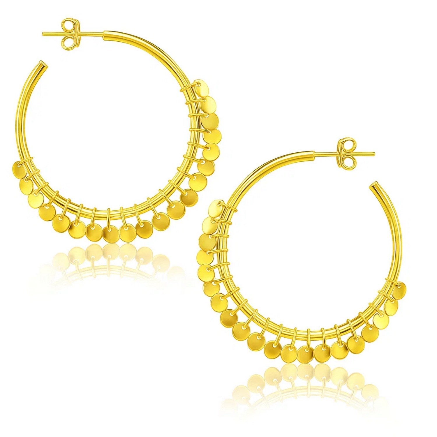 "14k yellow gold hoop earrings with round sequins and push back closures, showcasing bohemian style."