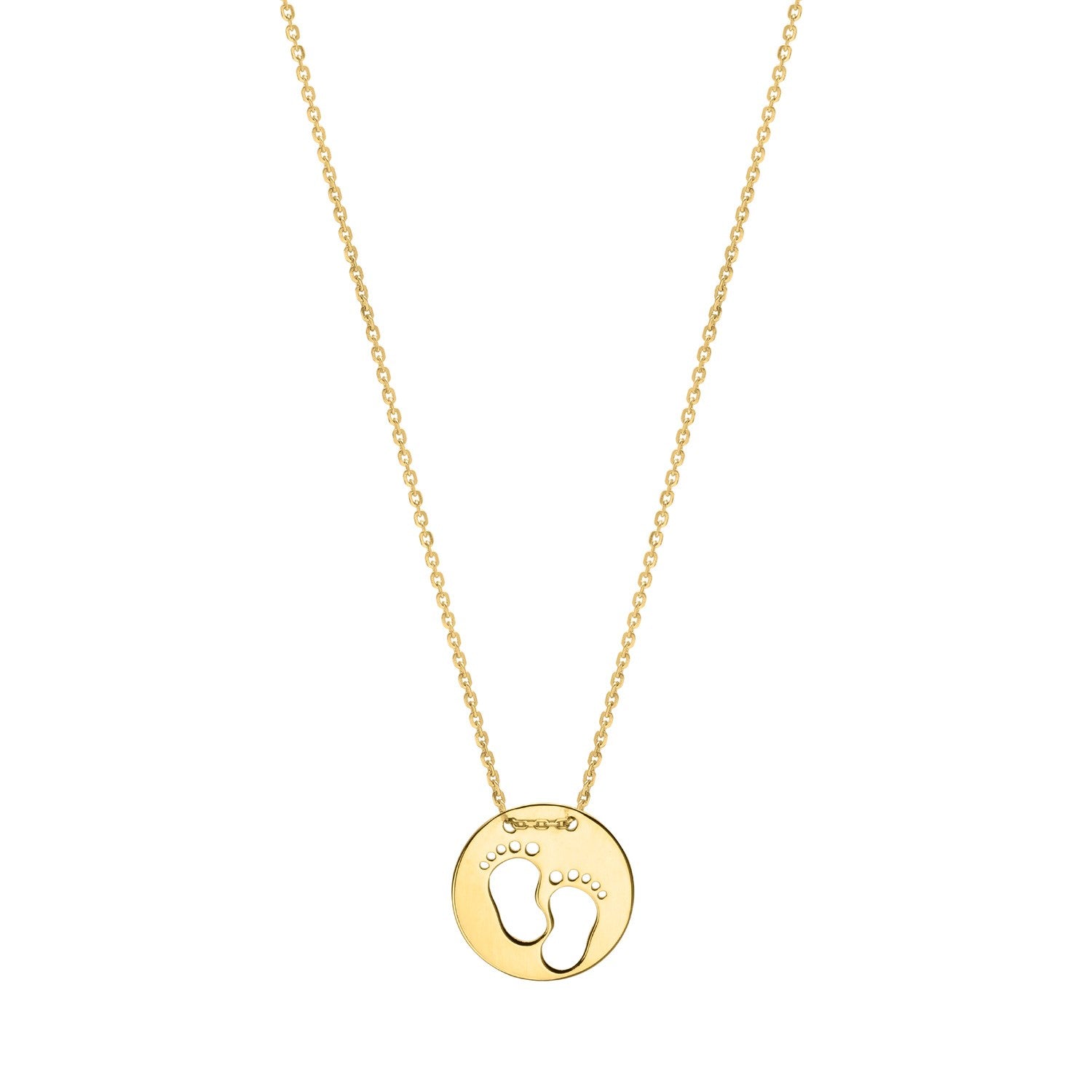 "10k yellow gold pendant with baby footprint cutouts on 18-inch chain, featuring adjustable 16-inch jump ring, symbolizing cherished milestones."