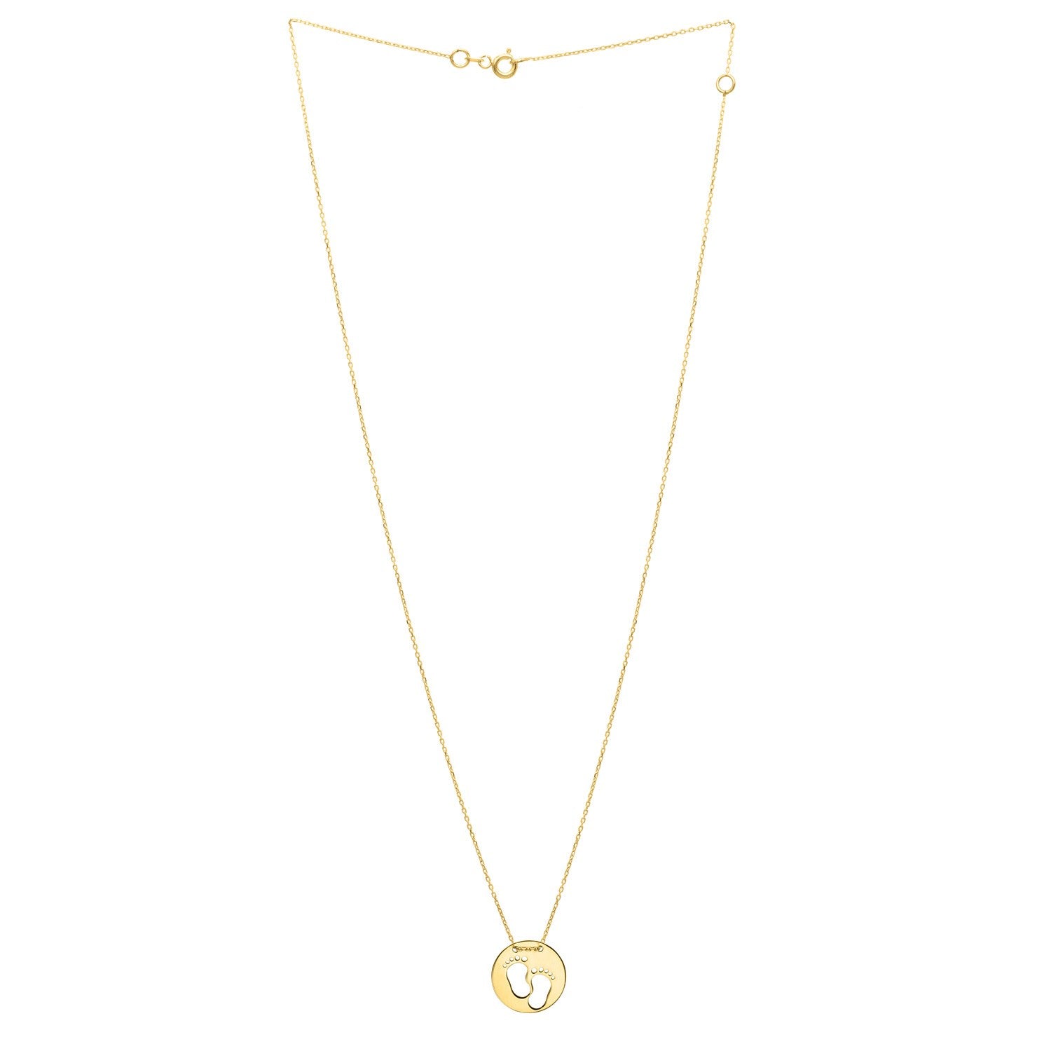 "10k yellow gold pendant with baby footprint cutouts on 18-inch chain, featuring adjustable 16-inch jump ring, symbolizing cherished milestones."