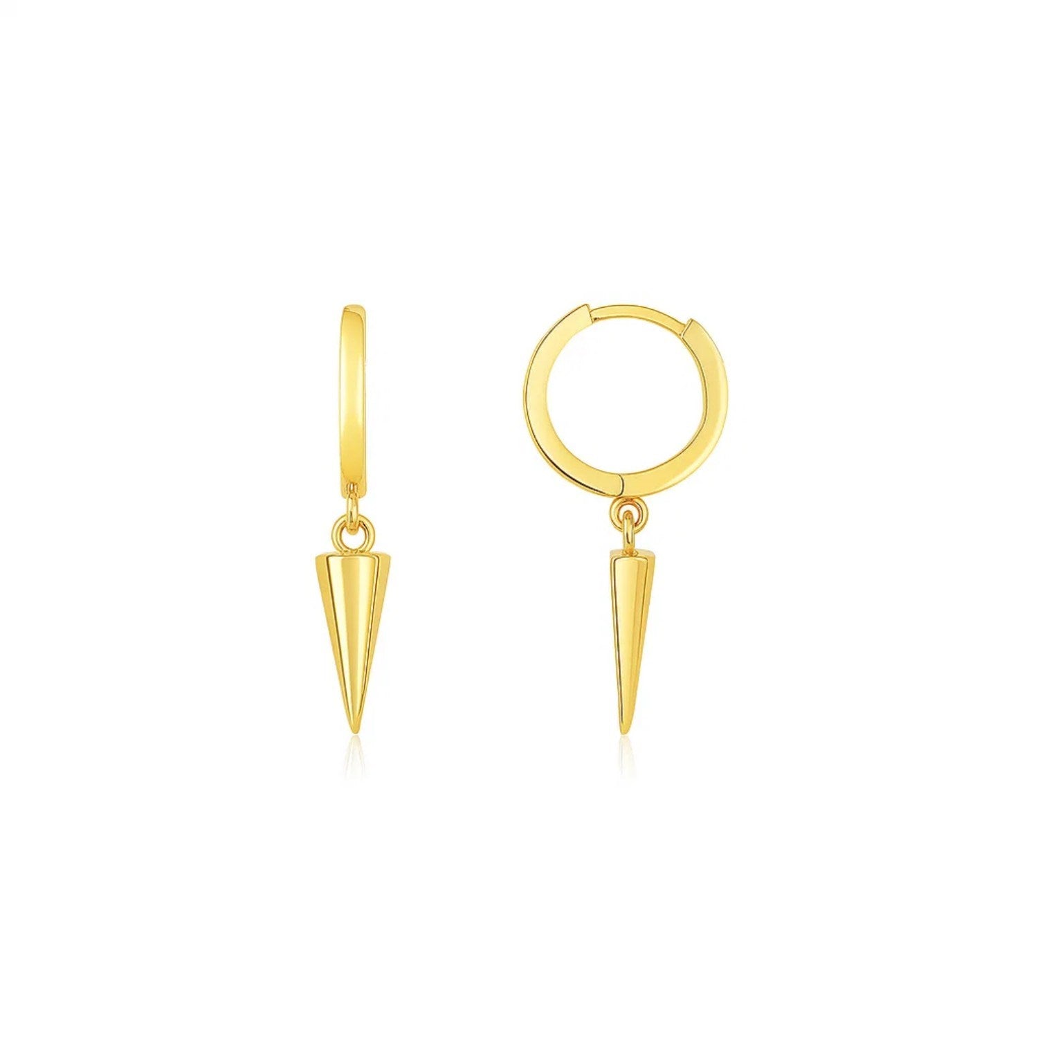 "14k yellow gold dangling spike drop hoop earrings with high polish finish and endless hoop closure."