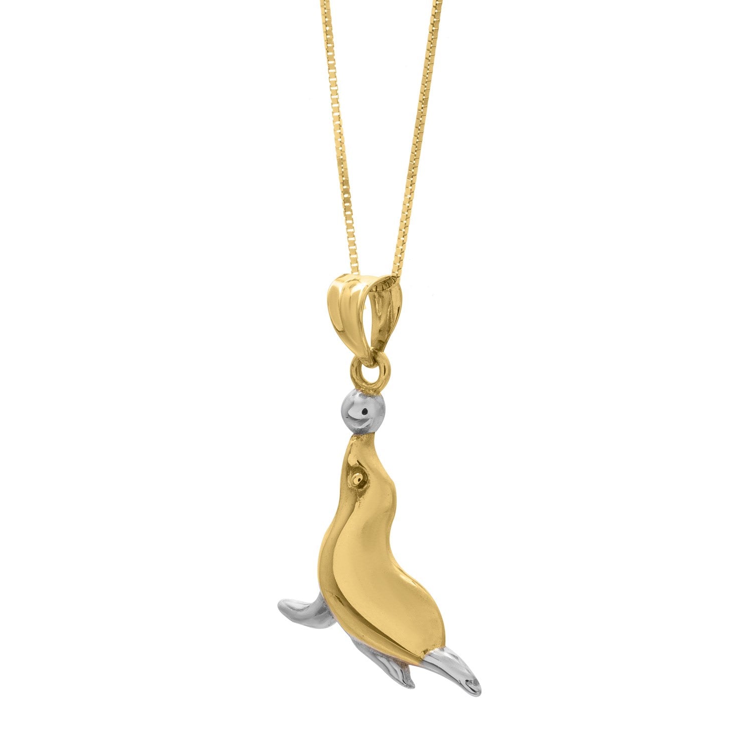 "10k two-tone gold necklace with a polished seal pendant on 18-inch chain, inspired by playful marine life."