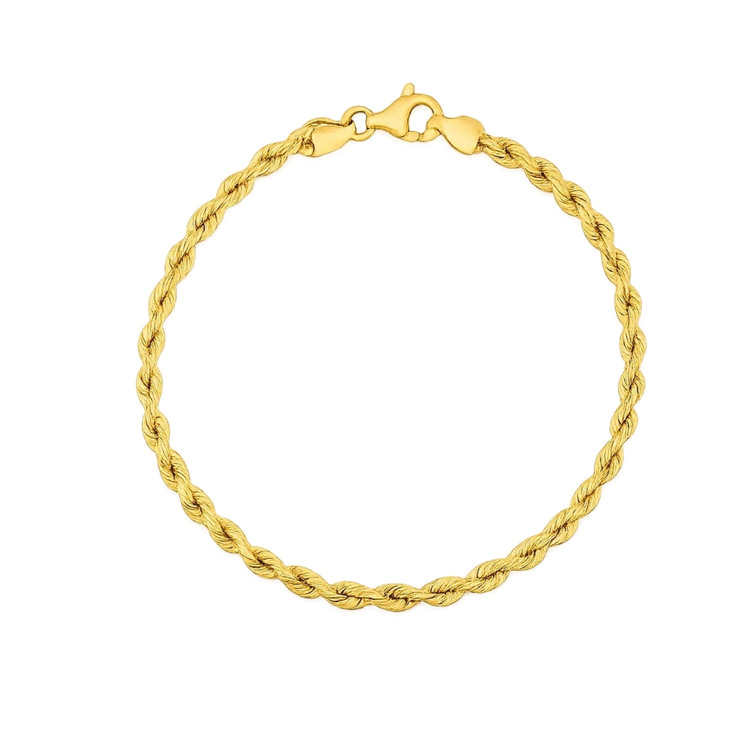 "Silk rope chain bracelet in 14K yellow gold, 3mm wide with secure lobster clasp"