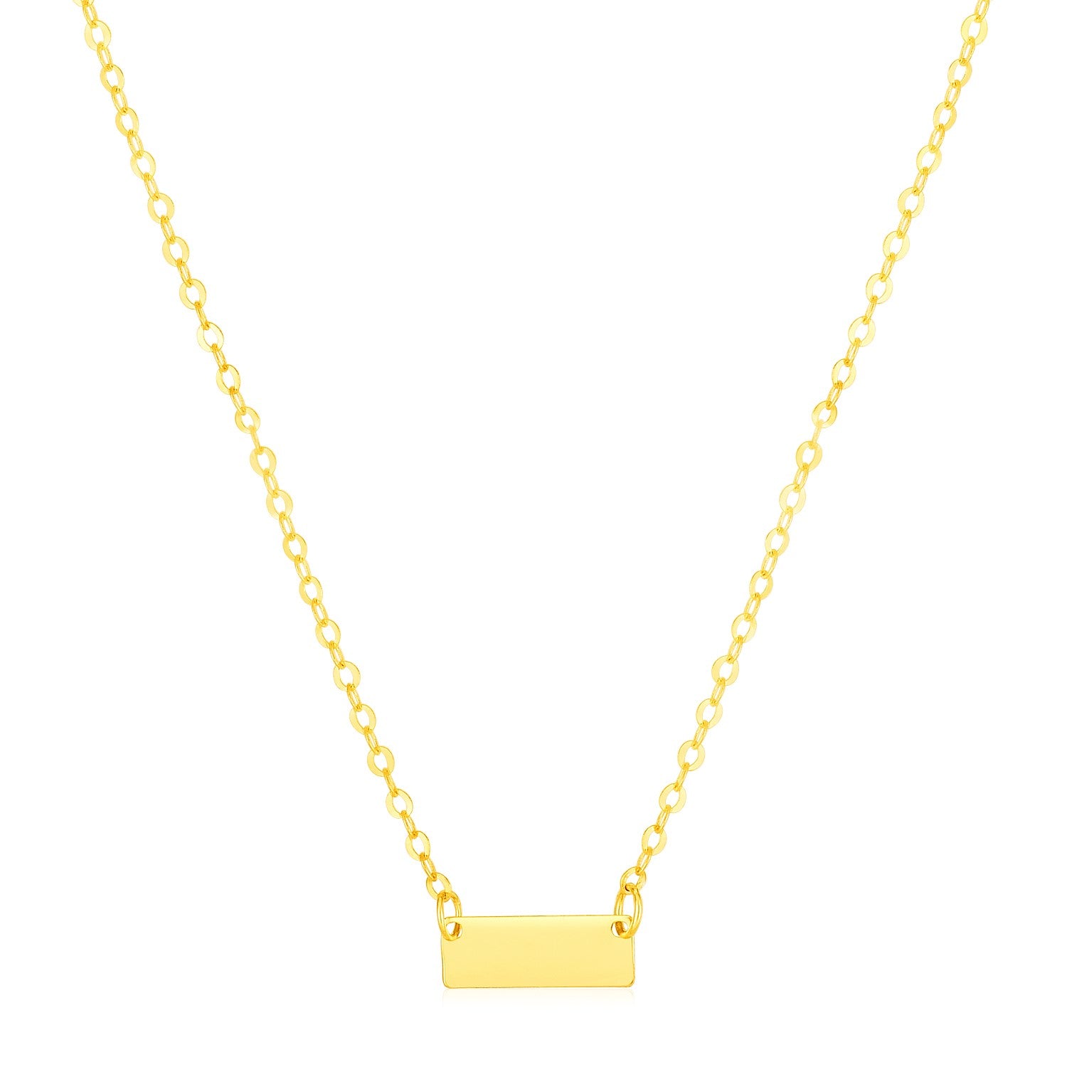 "Minimalist 14K yellow gold necklace with a shiny horizontal bar pendant, 18 inches long"