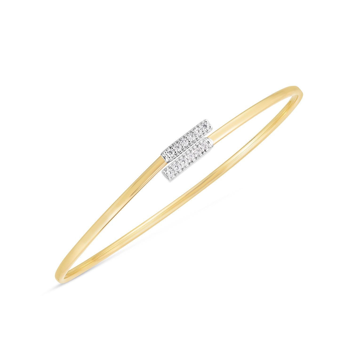 "Elegant Diamond Bypass Bar bangle in 14K yellow and white gold with high polish finish, perfect for layering or wearing solo"