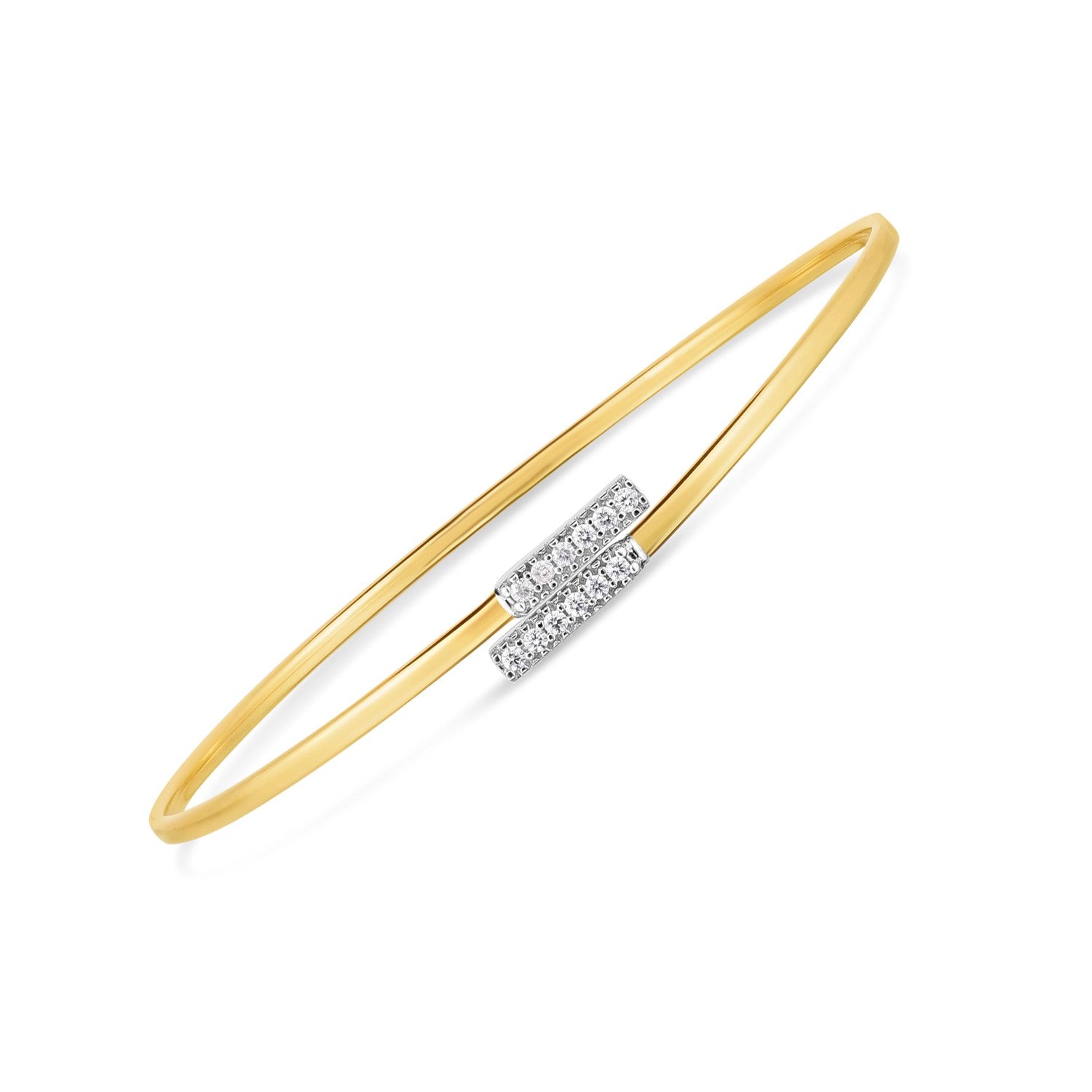 "Elegant Diamond Bypass Bar bangle in 14K yellow and white gold with high polish finish, perfect for layering or wearing solo"