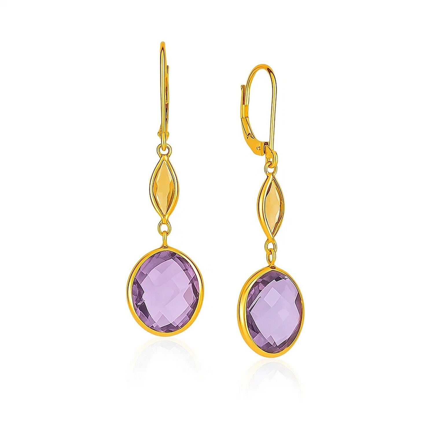 "Elegant gold dangle earrings featuring a large oval amethyst and a smaller marquise citrine with lever back clasps"