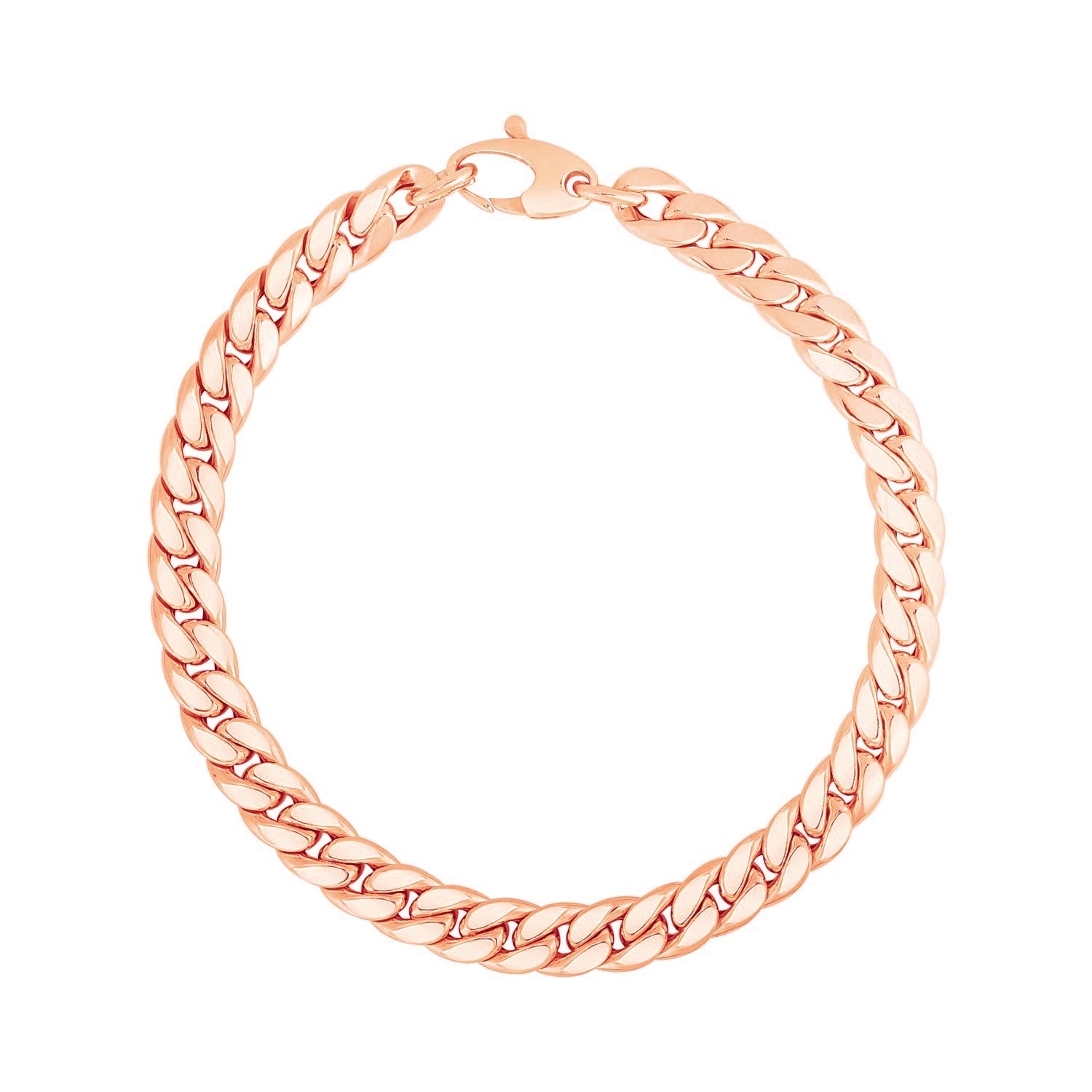 "Elegant 14K rose gold Cuban chain bracelet with polished links and lobster clasp, 7.25 inches long"