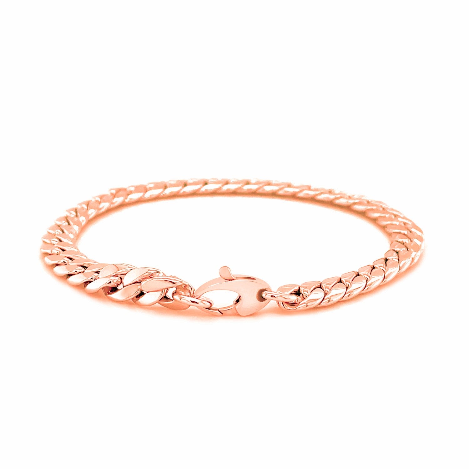 "Elegant 14K rose gold Cuban chain bracelet with polished links and lobster clasp, 7.25 inches long"